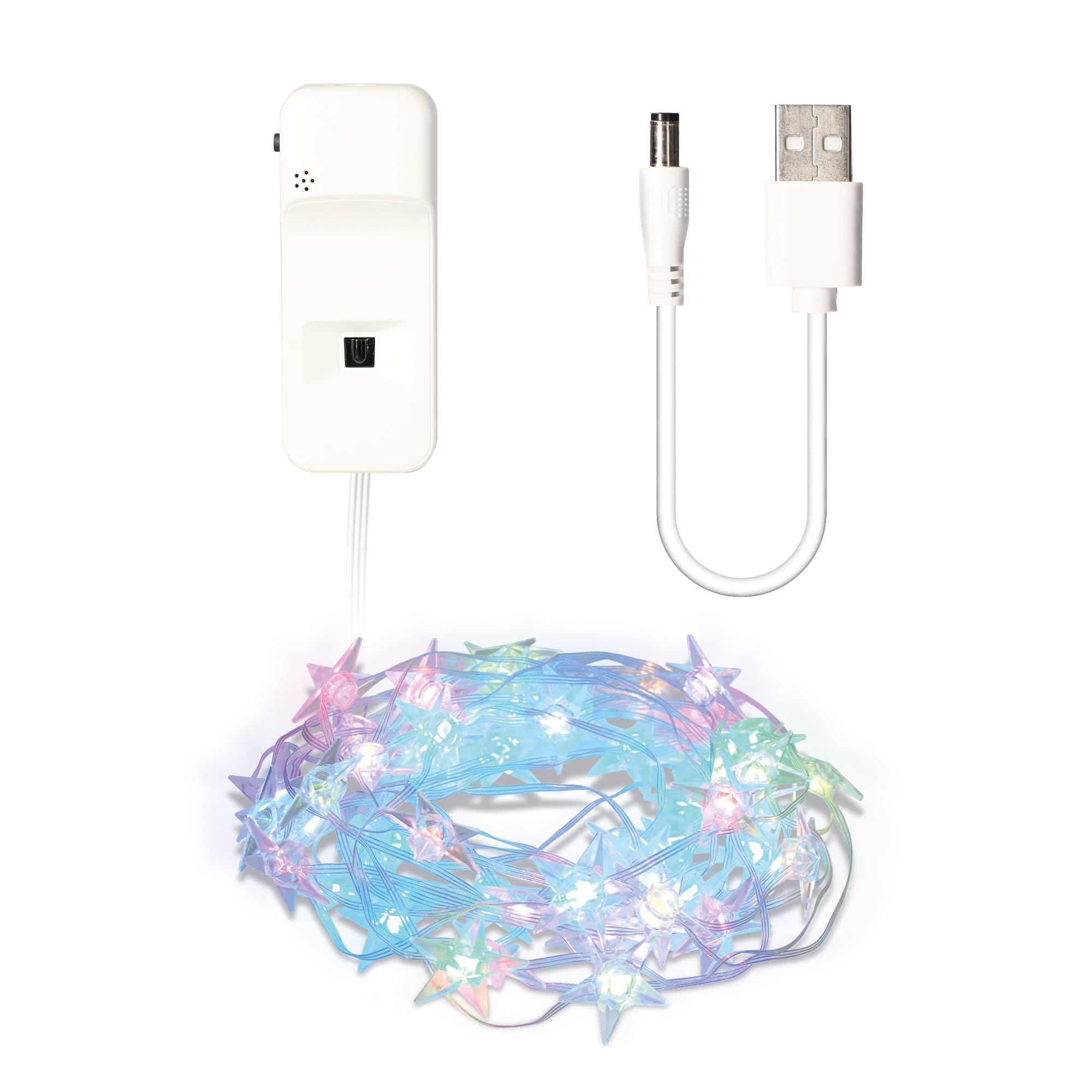 Biały power bank, kabel USB i sznur gwiazdkowych, wielokolorowych świateł LED na białym tle.