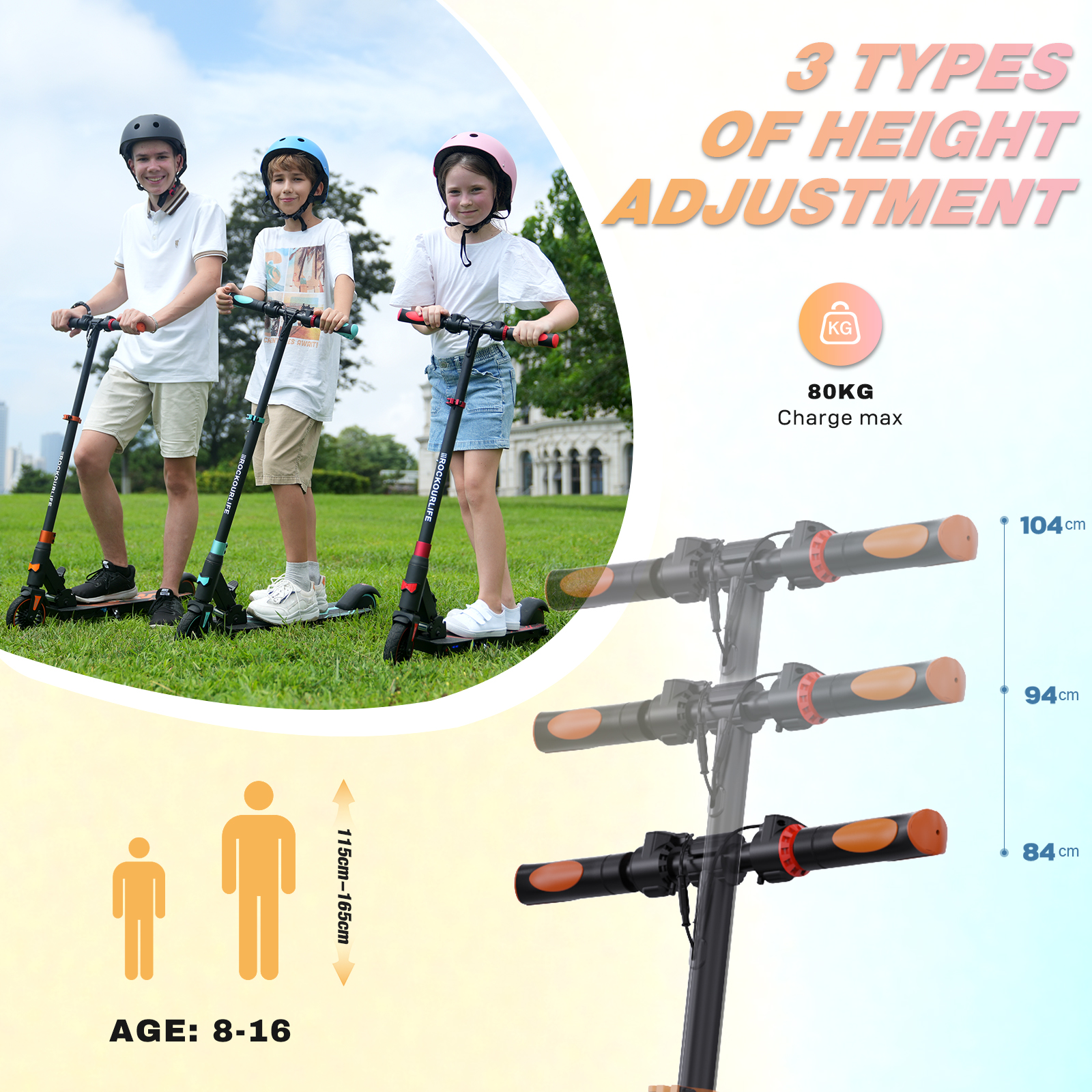 Troje dzieci na hulajnogach. Pokazano opcje regulacji wysokości. Tekst wskazuje wiek 8-16 lat.