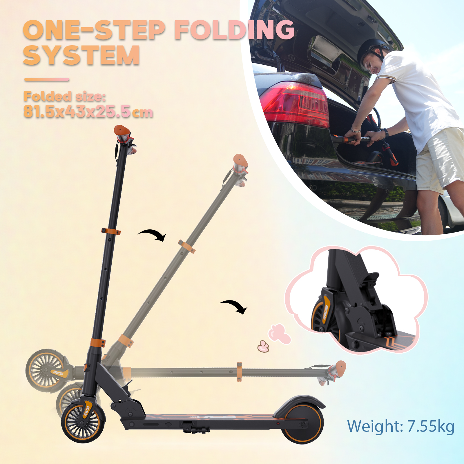 Black and orange e-scooter in folding process. Text overlays describe folding system and dimensions.