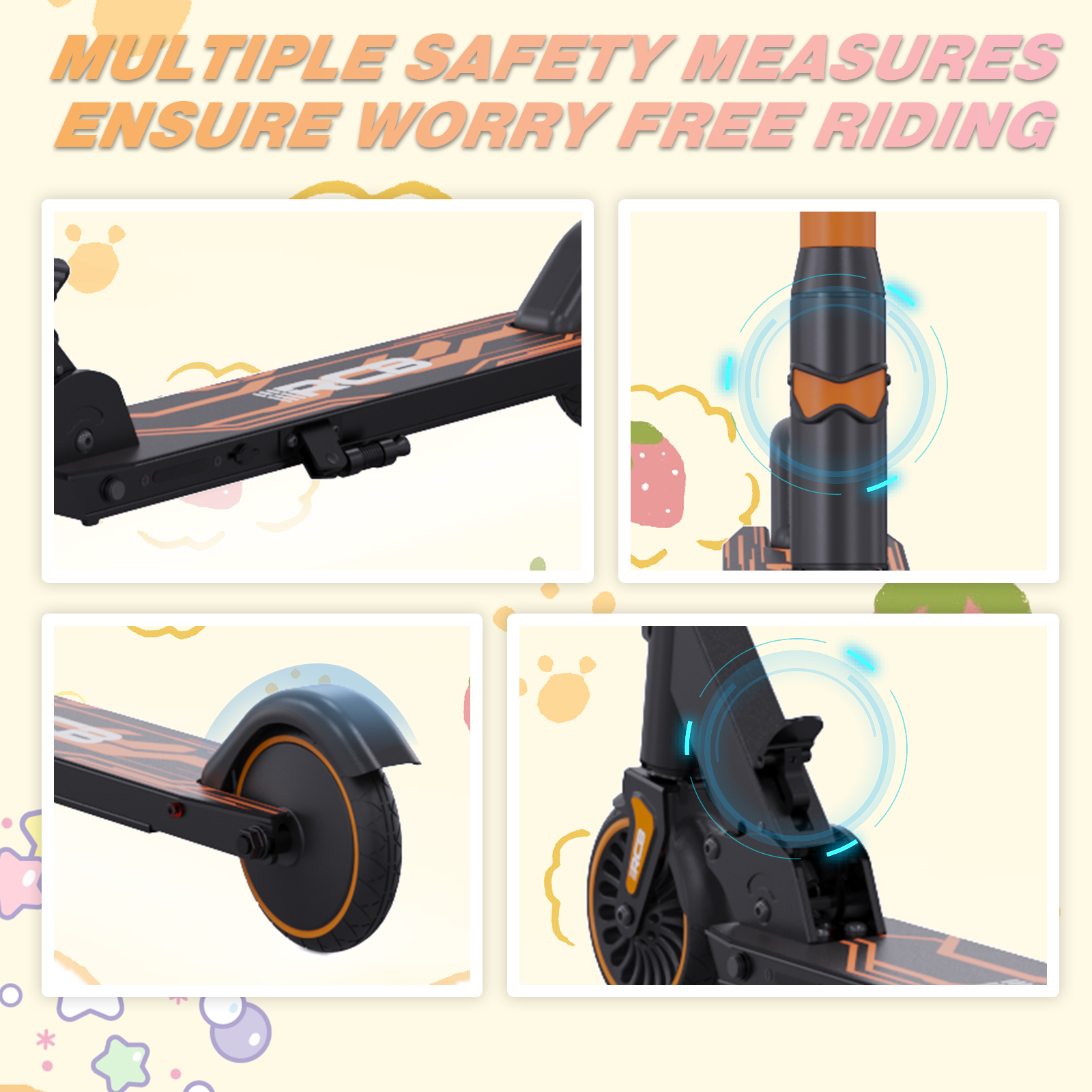 Zbliżenia elementów hulajnogi elektrycznej. Szczegóły obejmują pomarańczowe i czarne akcenty.