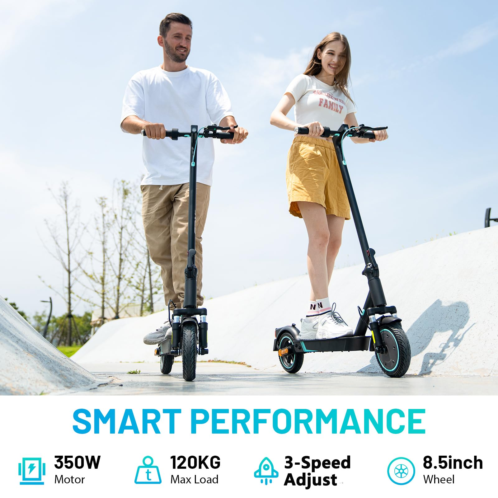 Due persone su scooter elettrici con testo: Smart Performance. Motore 350W, carico max 120KG.