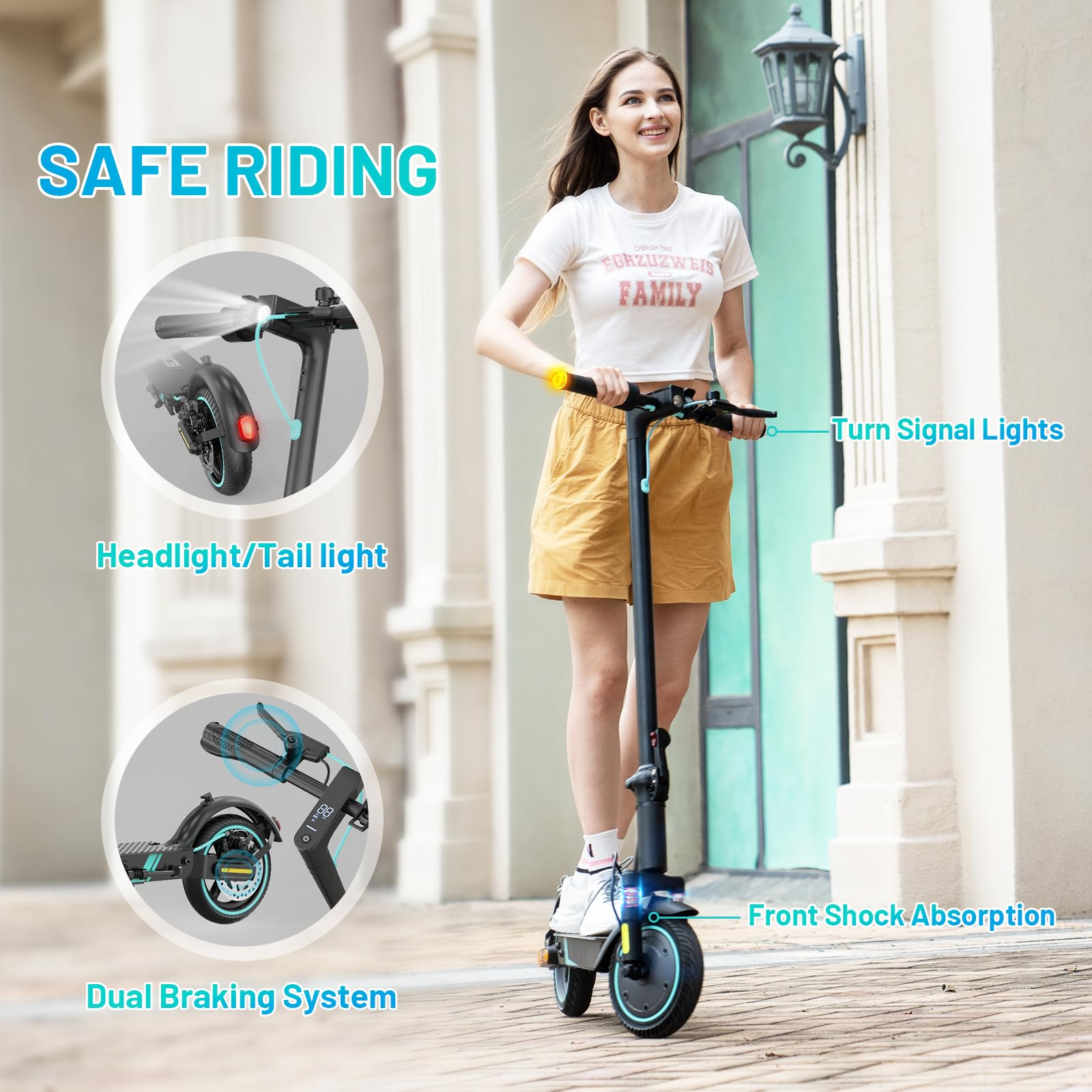 Una donna guida uno scooter nero. Caratteristiche: ammortizzazione anteriore, indicatori di direzione e fanale.
