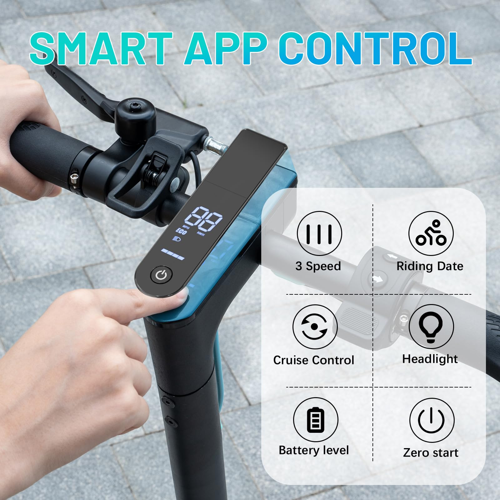 E-scooter con interfaccia di controllo app, che mostra velocità e funzioni.
