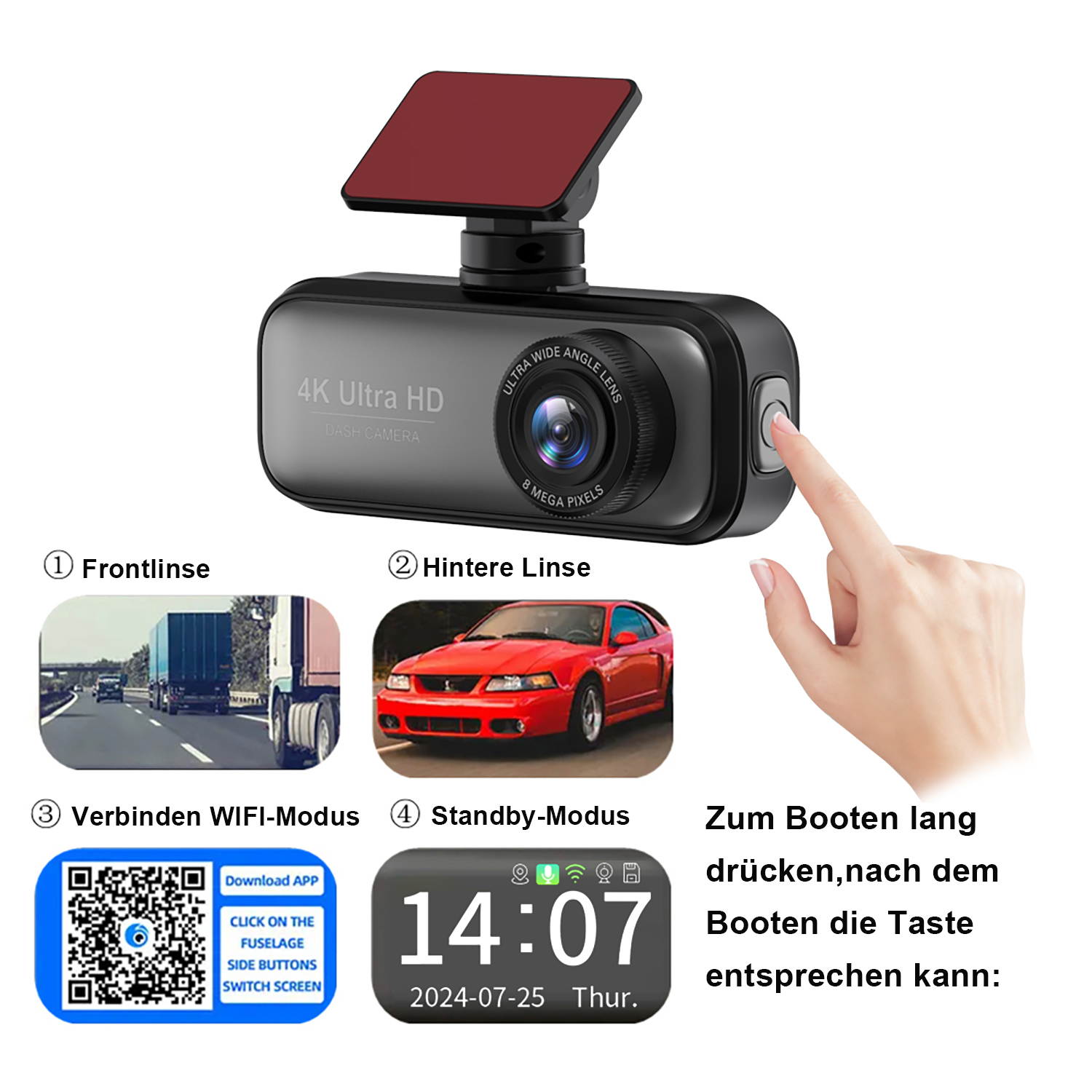 Dashcam mit mehreren Bildschirmen, die Auto- und Straßendetails zeigen, plus QR-Code.
