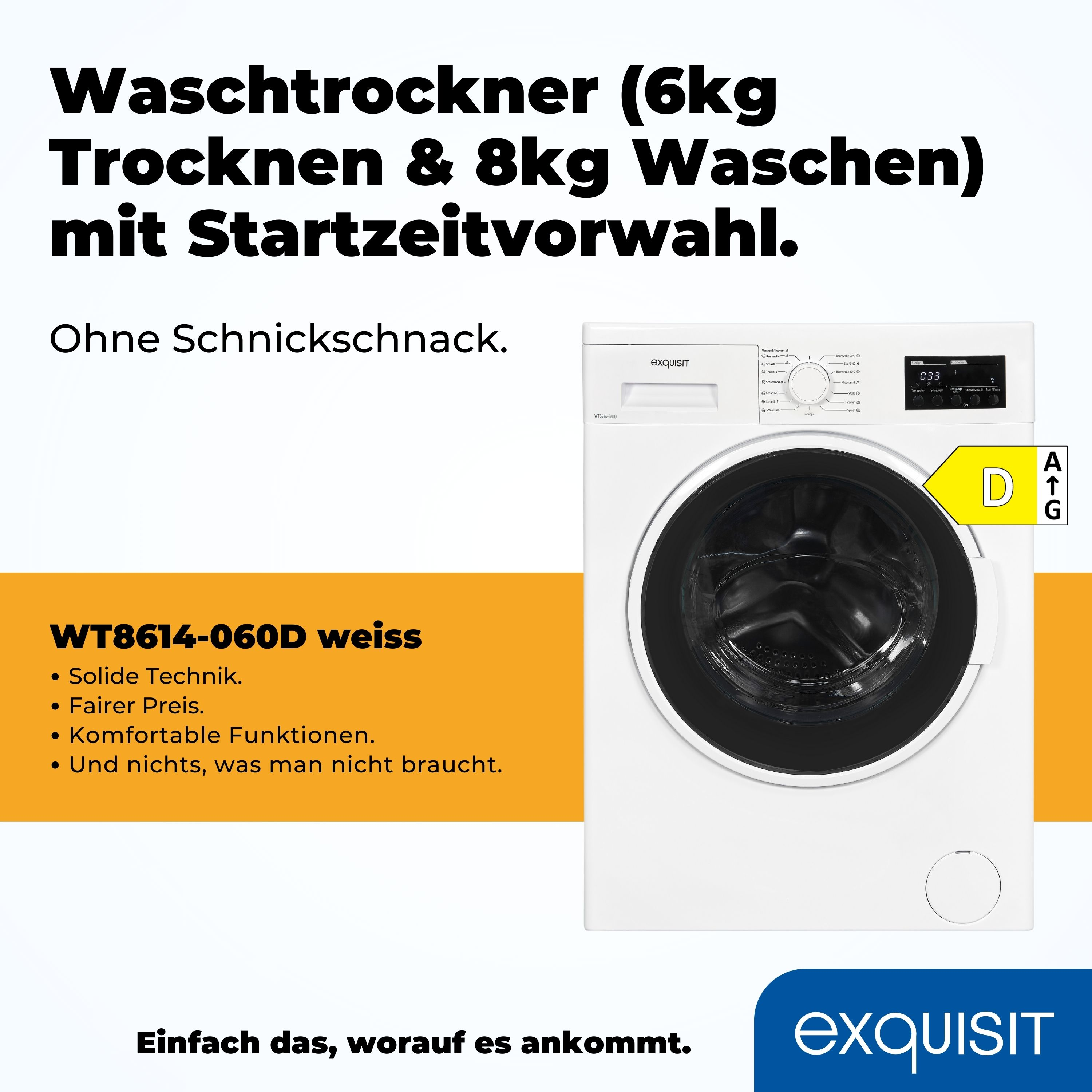 Eine weiße Waschmaschine mit Display und Energielabel. Text auf Deutsch.