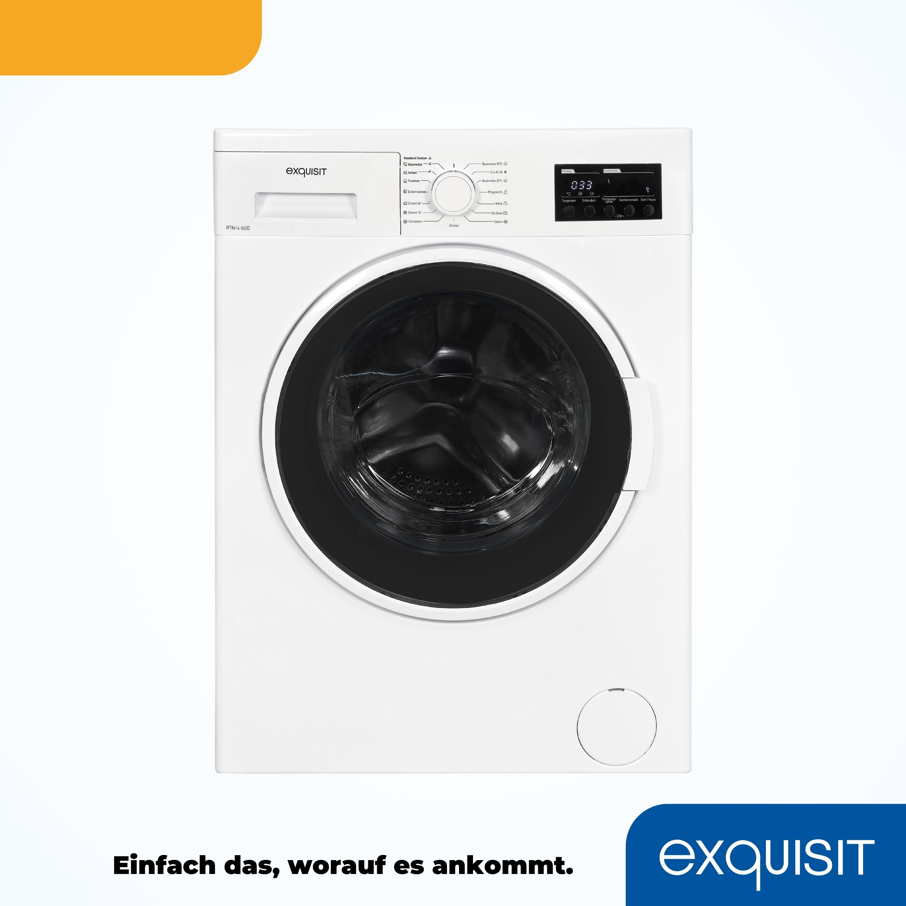 Weiße Waschmaschine mit schwarzer Tür, mit dem Markennamen 'exquisit'.