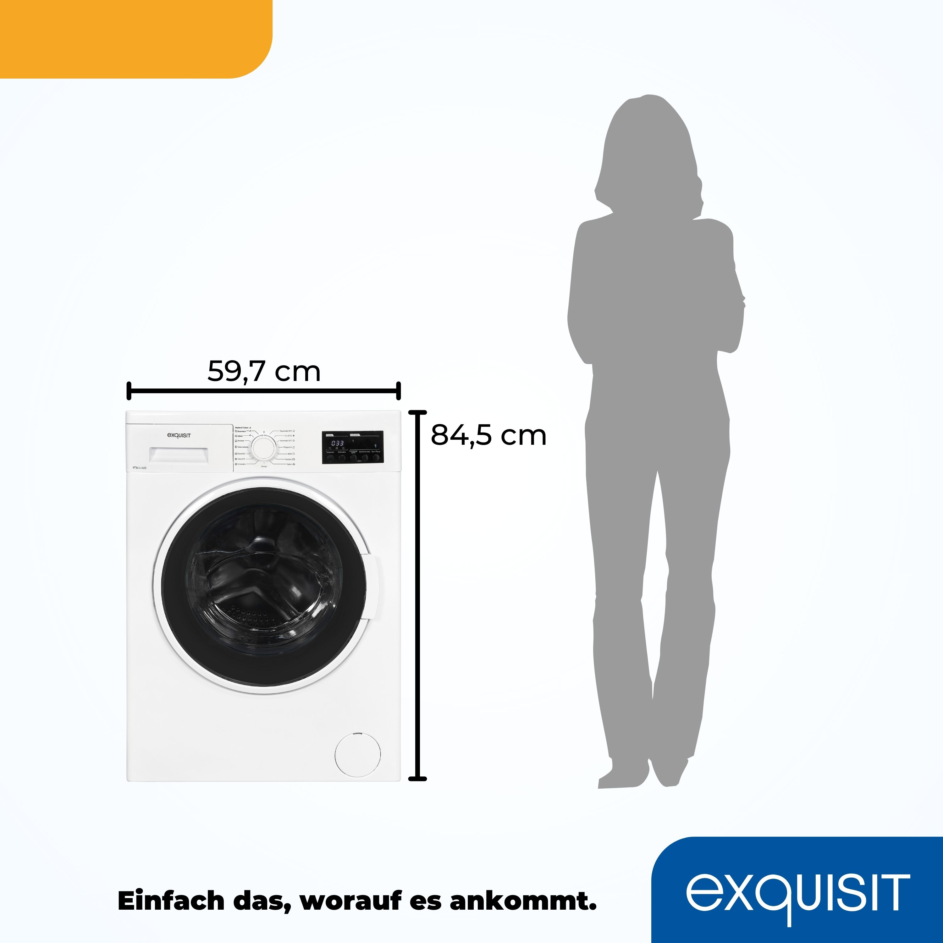 Eine weiße Waschmaschine mit Maßen und einer Personensilhouette daneben.