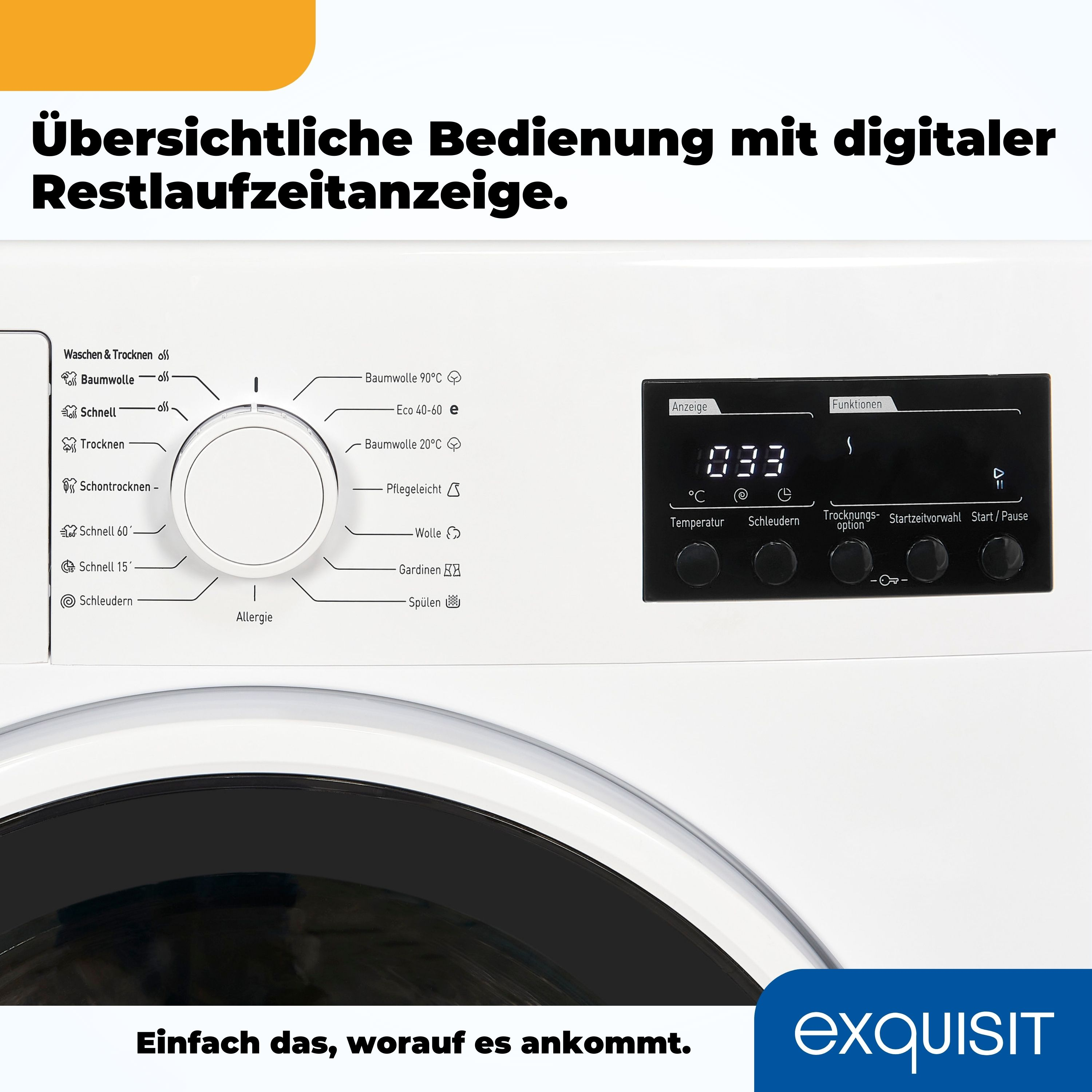 Bedienfeld der Waschmaschine mit Knöpfen und Einstellungen. Weißer Hintergrund.