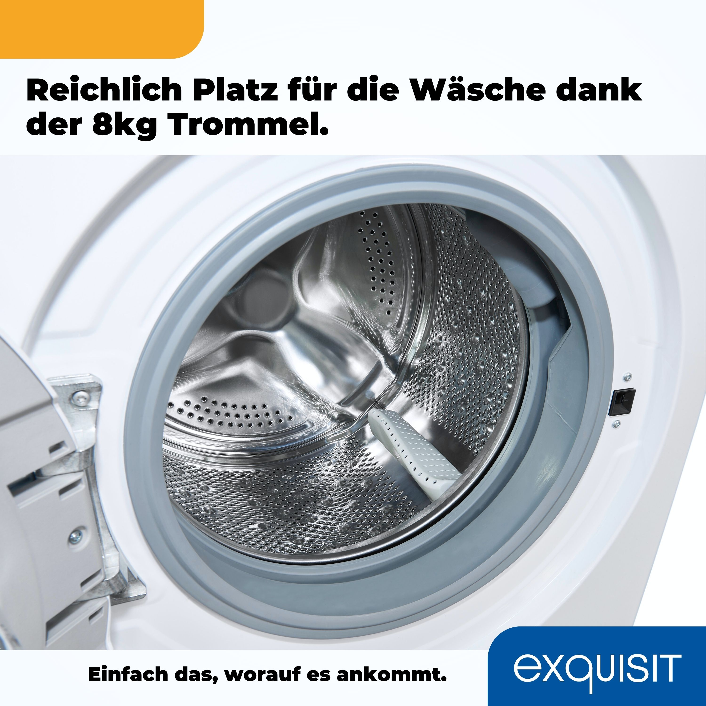 Waschmaschinentrommel. Die Trommel ist geöffnet und zeigt das Innere. Text im Hintergrund. Weiß.