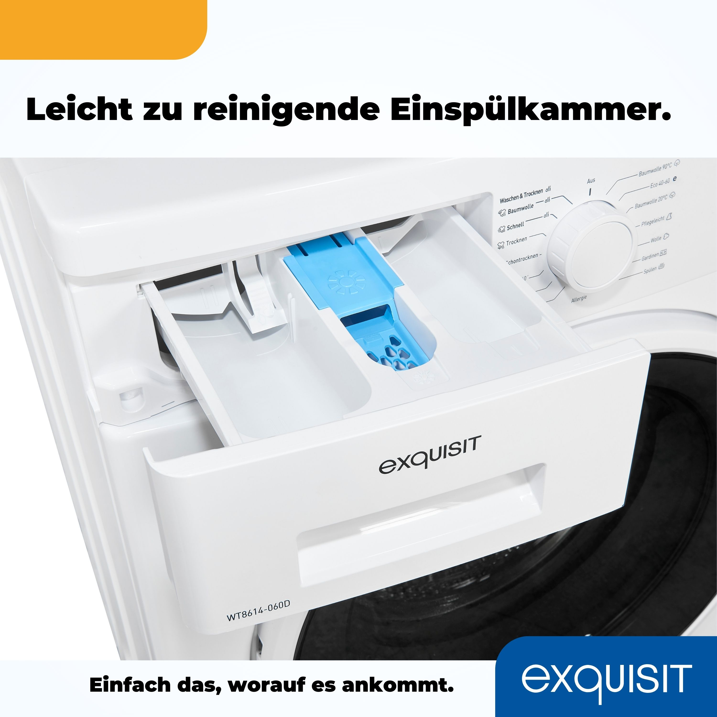 Waschmittel Schublade offen, Fächer sichtbar. Weiße Maschine, blaue Einsätze.