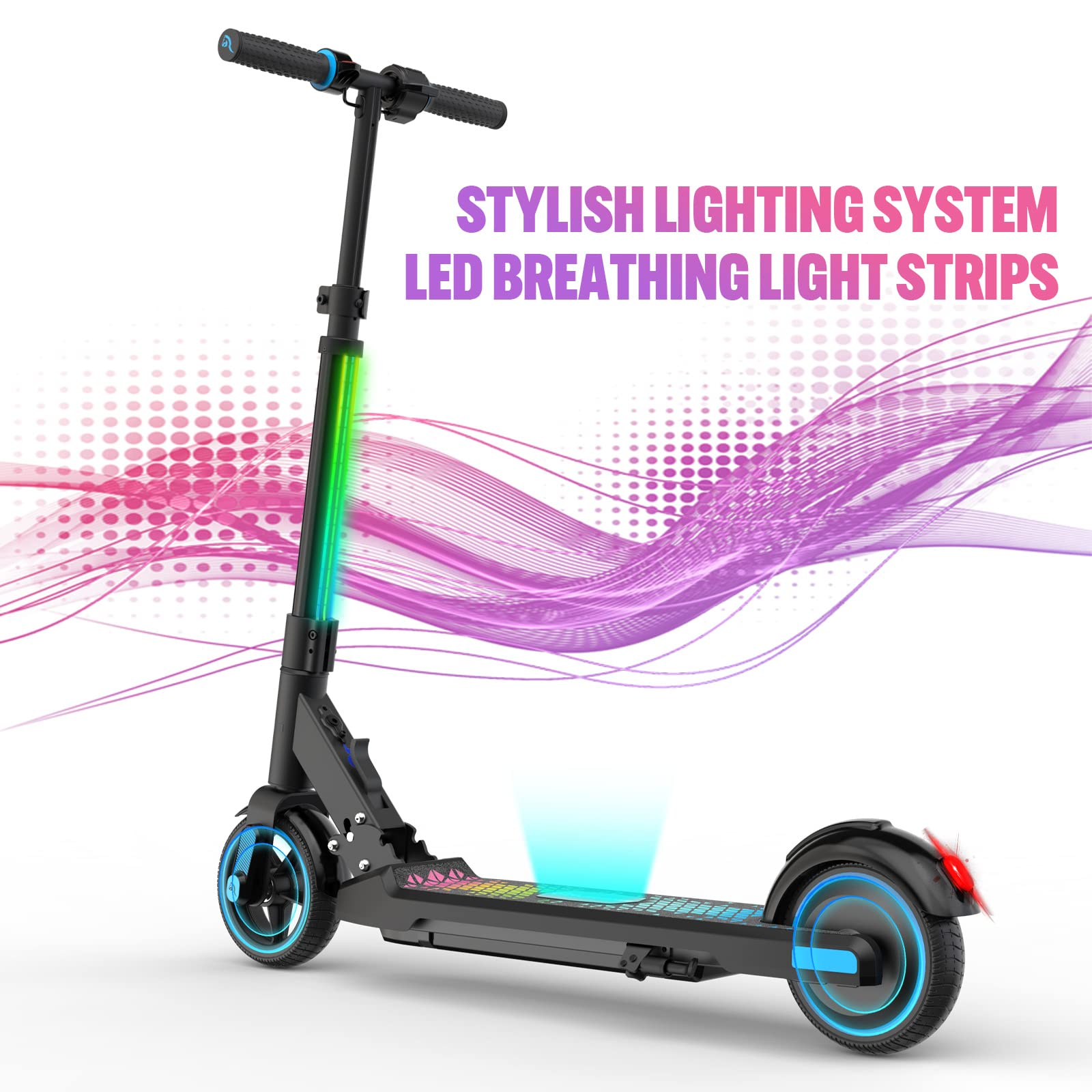 Un patinete eléctrico sobre un fondo blanco. Tiene luces azules y verdes.