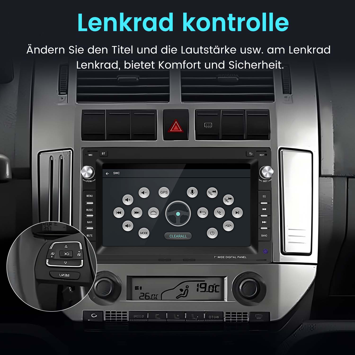 Autoradio mit Bildschirm und Bedienelementen. Text ist auf Deutsch.