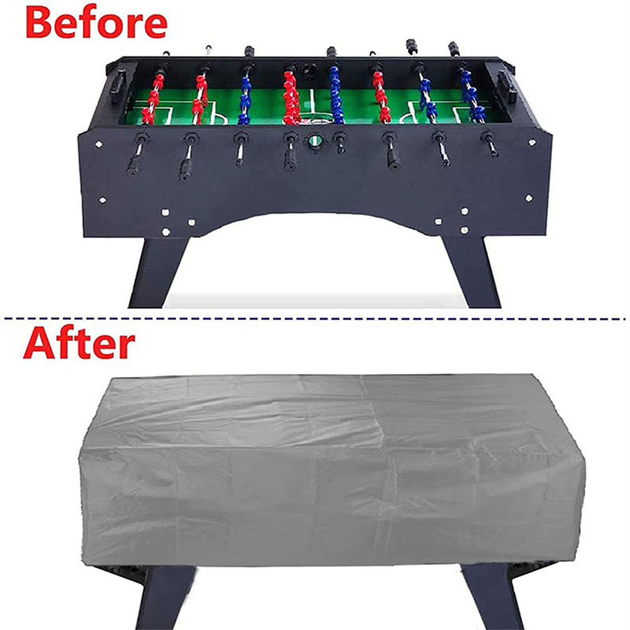 Tischfußballtisch vor und nach dem Abdecken mit einer grauen Schutzhülle.