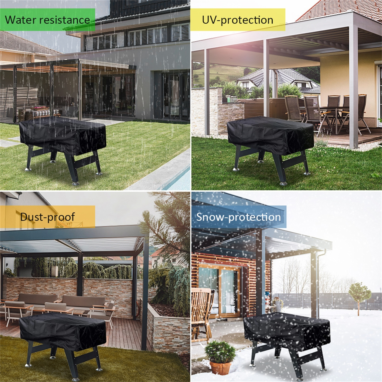 Vier Bilder, die eine schwarze Grillabdeckung in verschiedenen Umgebungen zeigen: Regen, Sonne, Staub und Schnee.