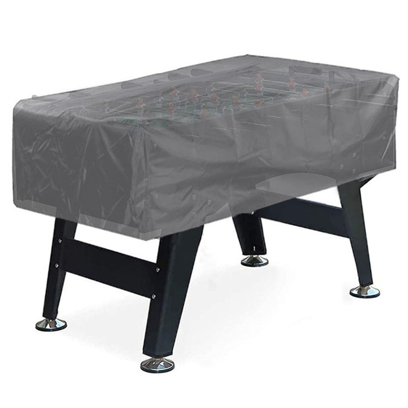 Tischfußballtisch mit Abdeckung. Die Abdeckung ist transparent und grau. Der Tisch hat schwarze Beine.