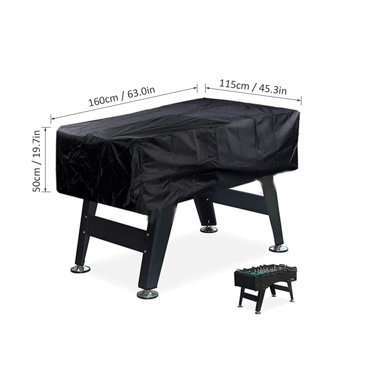 Eine schwarze Tischdecke auf einem schwarzen Tisch mit aufgeschriebenen Abmessungen. Ein Tischfußballtisch ist sichtbar.