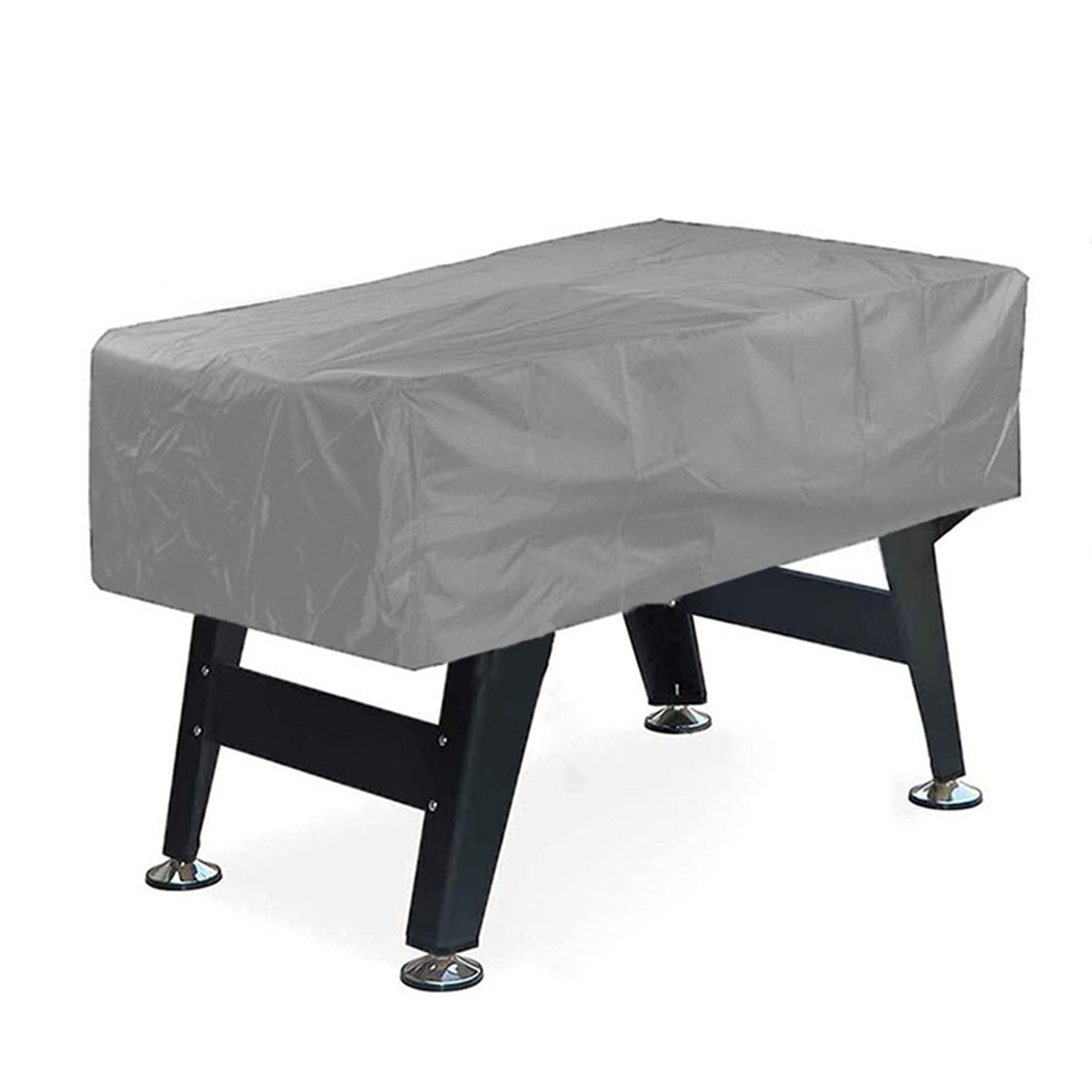 Graue rechteckige Tischdecke. Schwarze Beine und silberne Füße.