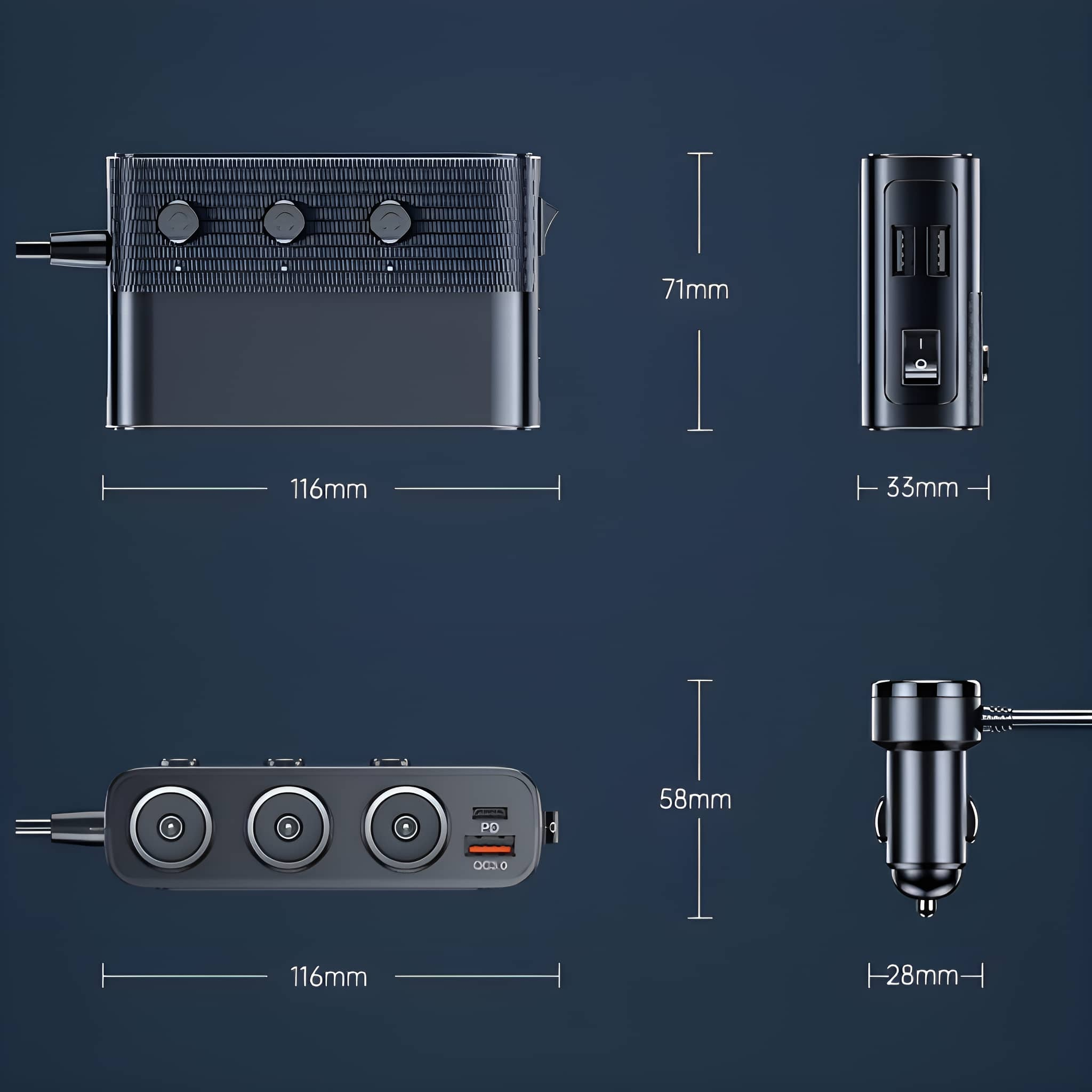 Schwarzes Autoladegerät mit mehreren USB-Anschlüssen und Stromausgängen. Abmessungen sind in mm angegeben.