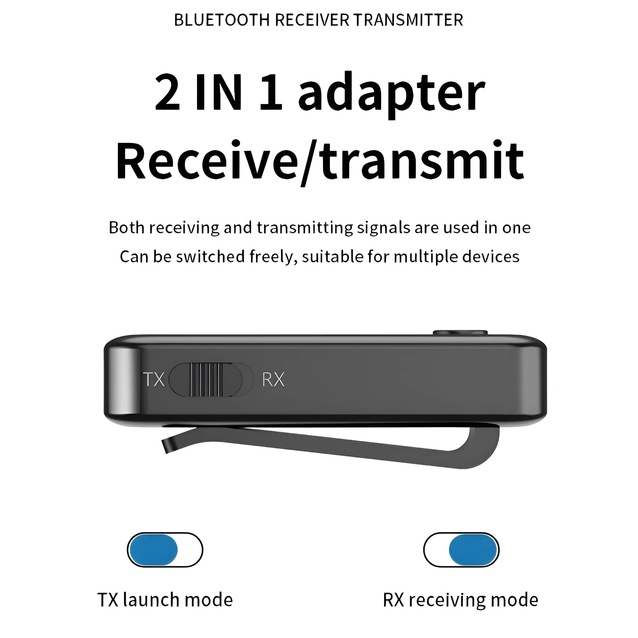Ein schwarzer 2-in-1 Bluetooth-Adapter. TX- und RX-Modi sind angegeben.