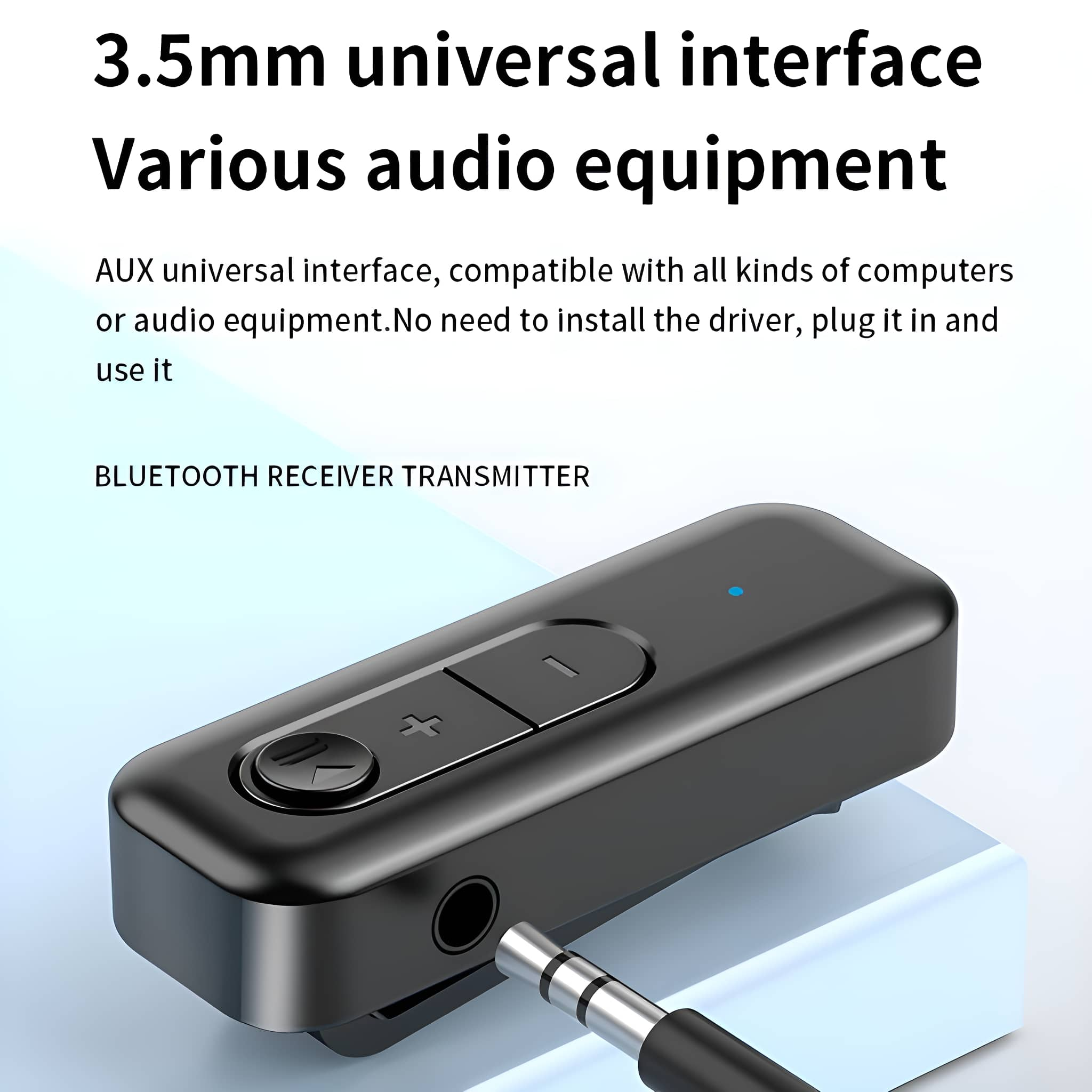 Schwarzer Bluetooth-Empfänger mit 3,5-mm-Buchse und Tasten, mit Text über seine Verwendung.
