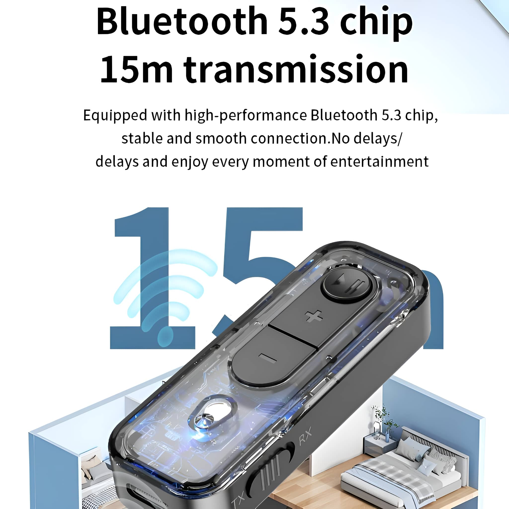 Ein schwarzes Bluetooth 5.3 Chip-Gerät mit klarer Vorderseite, das interne Komponenten zeigt, und Text.