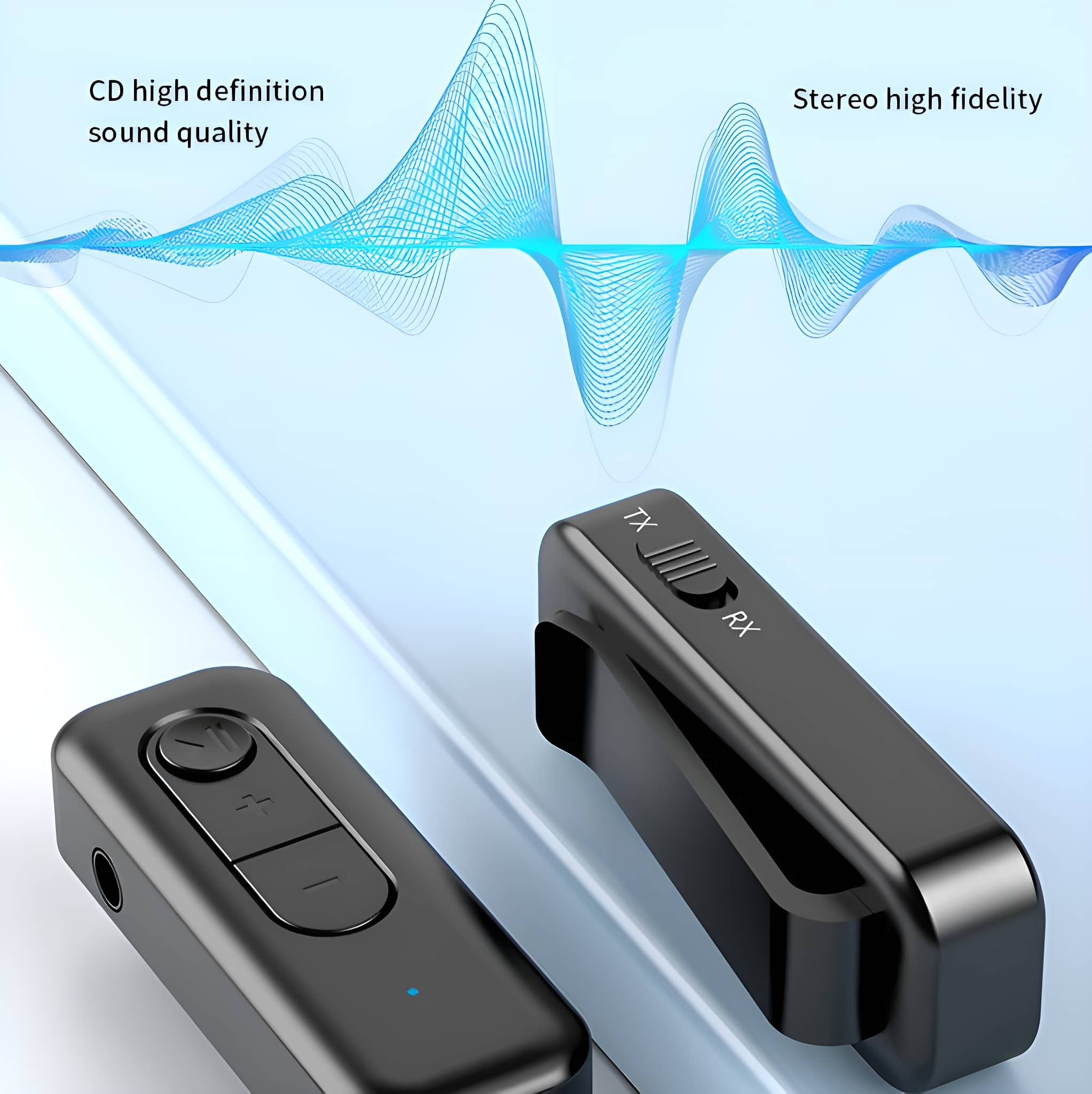 Zwei schwarze Geräte mit Knöpfen und Anschlüssen. Blaue Grafik der Schallwelle darüber, die High-Fidelity-Sound anzeigt.