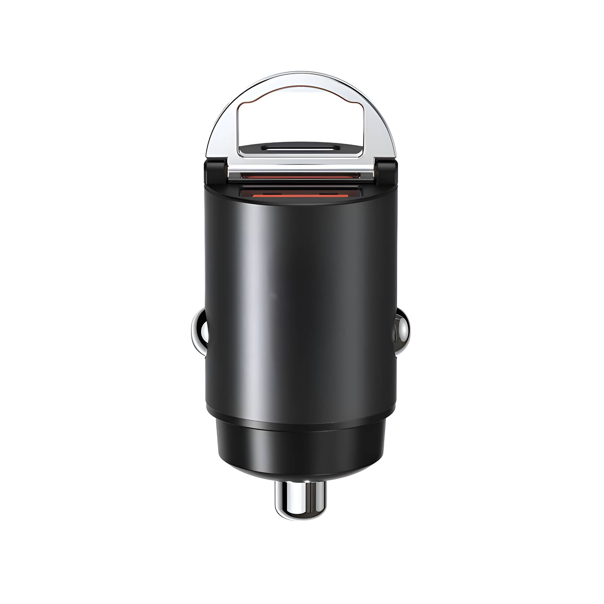 Schwarzes Autoladegerät mit silbernem oberem Griff. Verfügt über einen USB-Anschluss und eine Ladeanzeige.