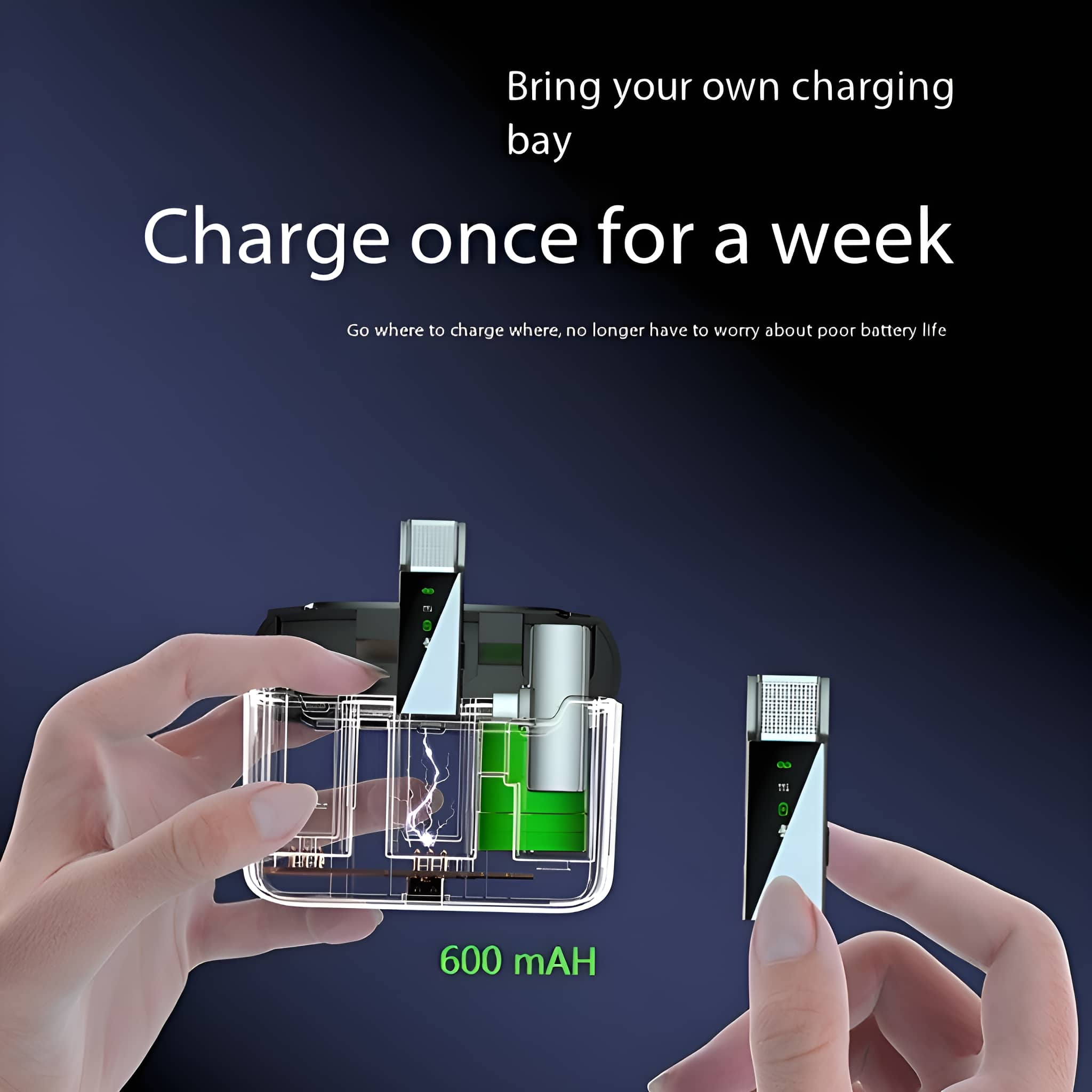 Hände halten eine Ladestation mit zwei Geräten, Text zeigt Laden und Batteriekapazität.