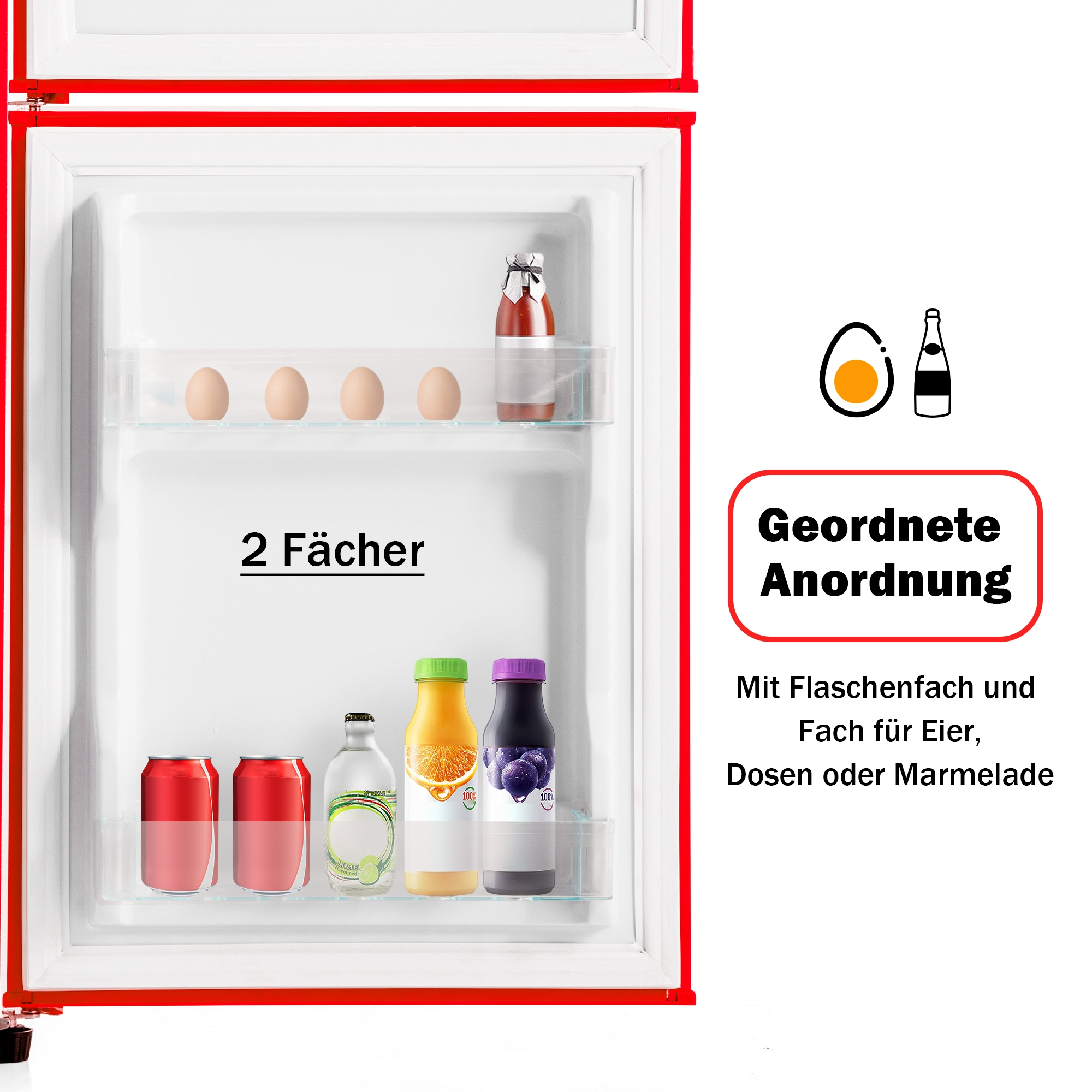 Innenseite eines roten Kühlschranks, mit Regalen, die Eier, Flaschen und Dosen halten.