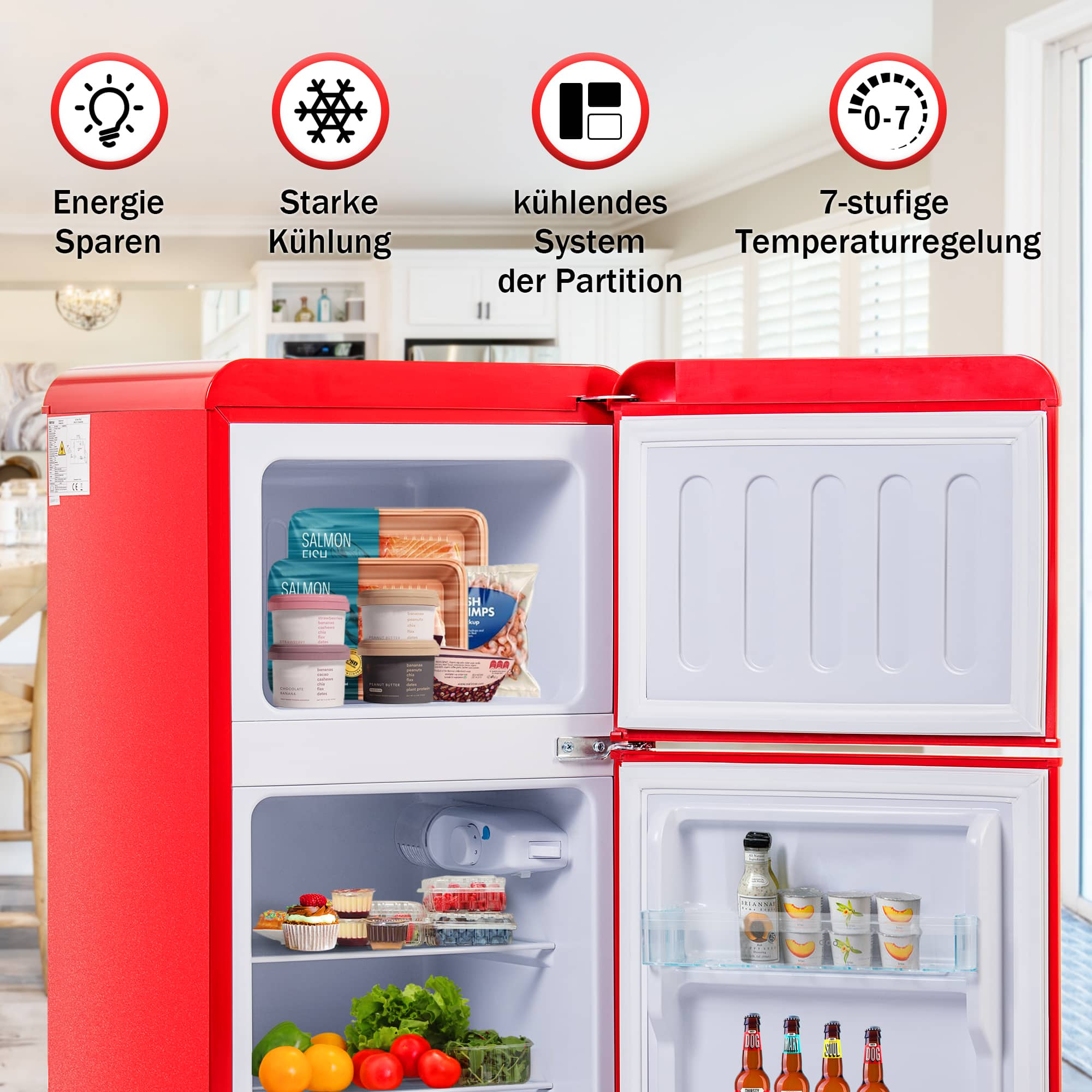 Roter Kühlschrank mit offenen Türen. Im Inneren sind Regale mit Lebensmitteln. Oben sind Symbole.
