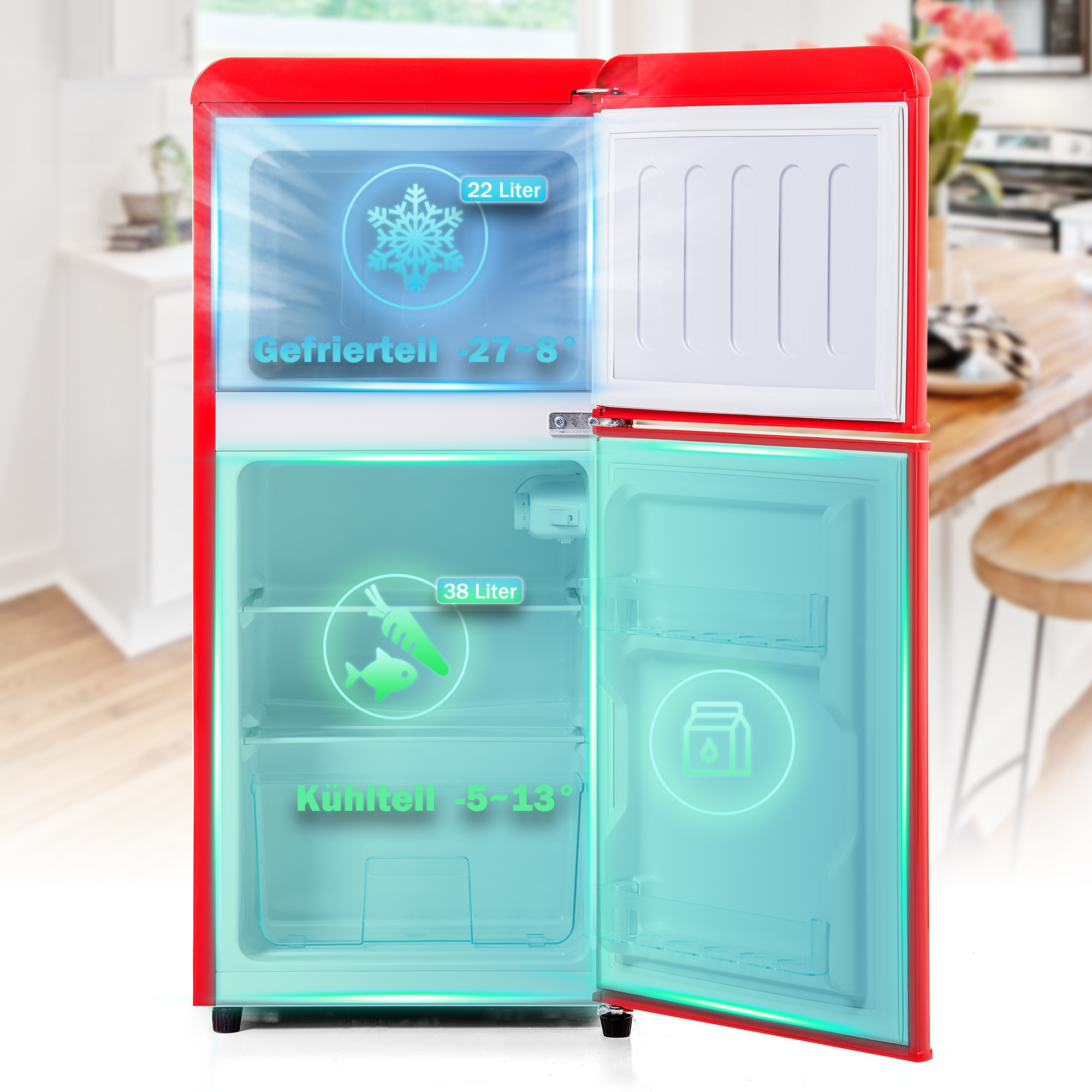Roter Retro-Kühlschrank, geöffnet, mit beschrifteten Fächern. Innen Abbildungen von Lebensmitteln.