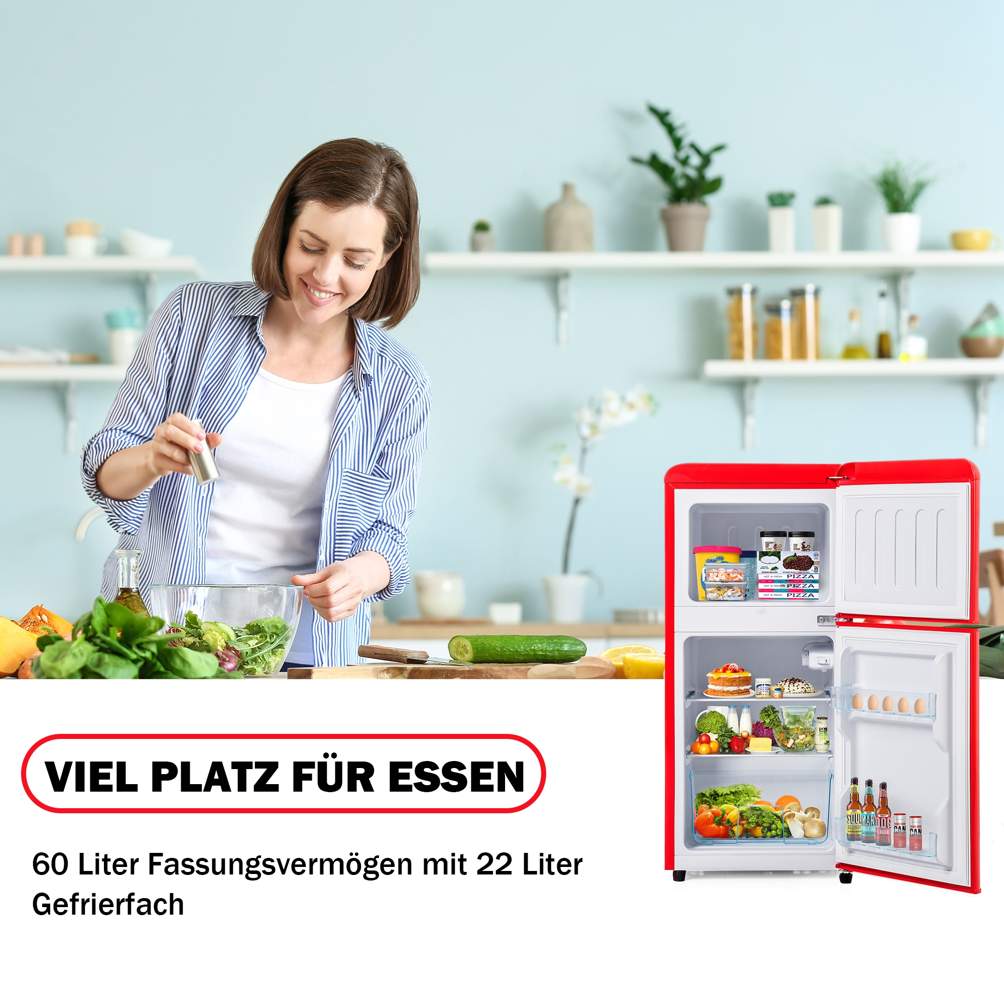 Frau neben rotem Mini-Kühlschrank. Innen Essen und Getränke, Text: VIEL PLATZ FÜR ESSEN.