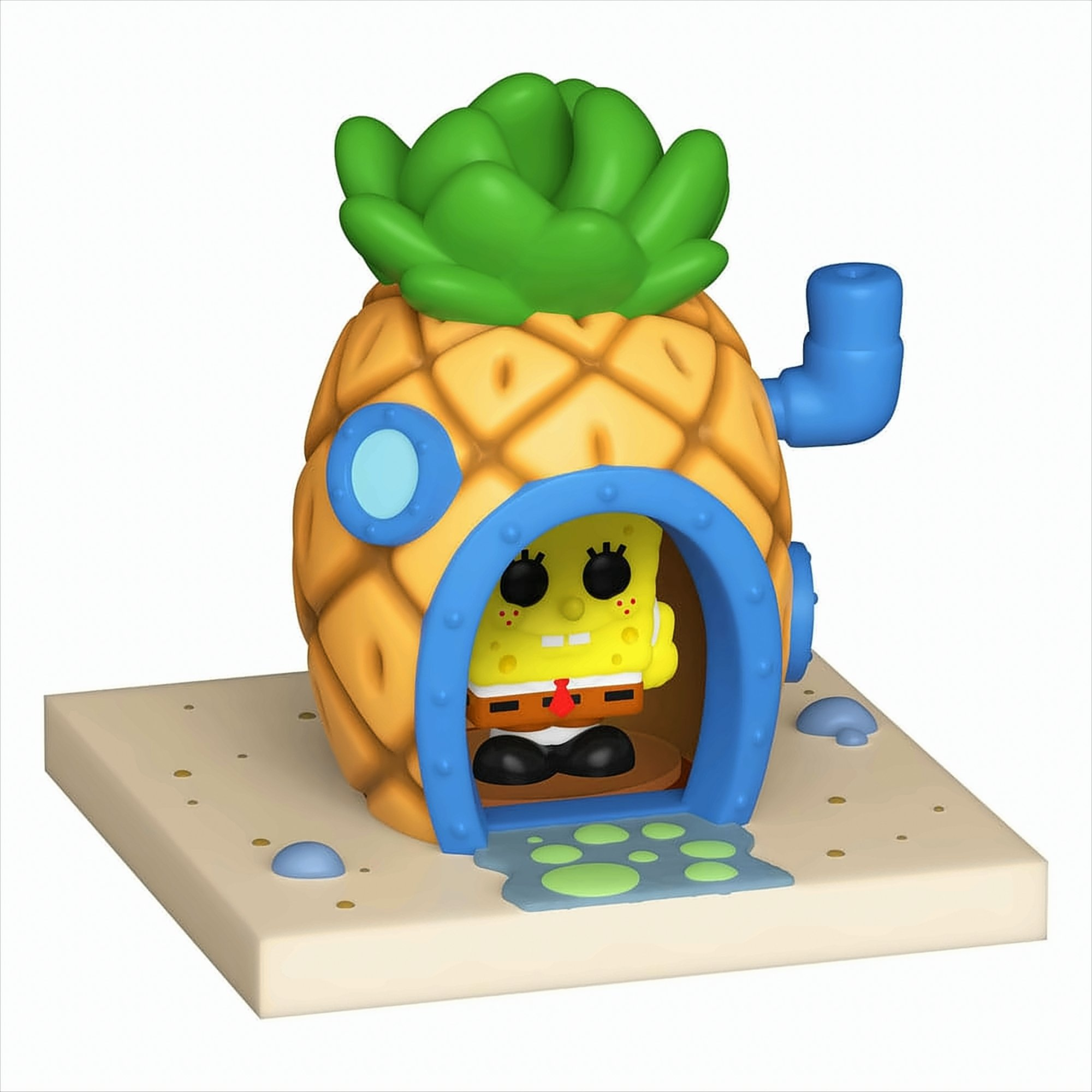 Figurina della casa di Spongebob in un ananas. Spongebob è sulla porta. Lo sfondo è bianco.