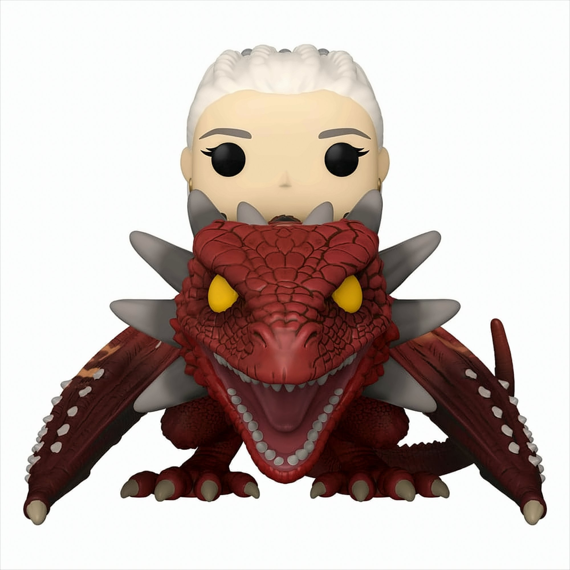 Une figurine Funko Pop d'un personnage chevauchant un dragon rouge avec des cheveux blancs, un visage blanc et des yeux noirs.