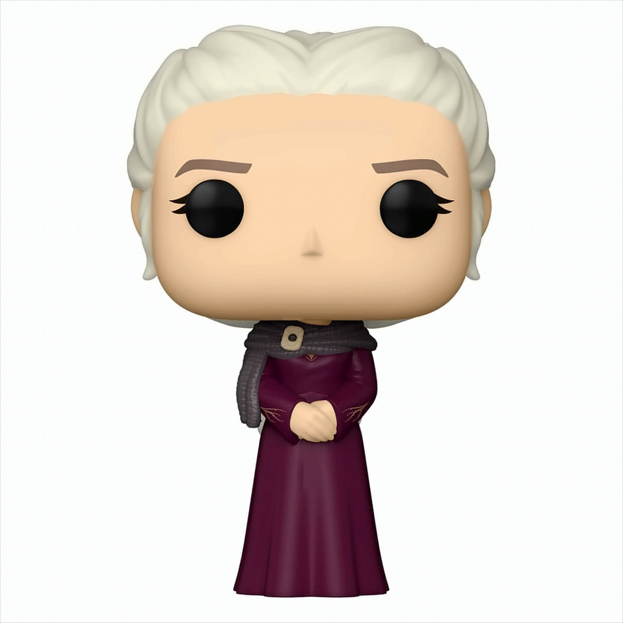Una figura Funko Pop de una mujer con cabello blanco, vistiendo un vestido morado y una bufanda.