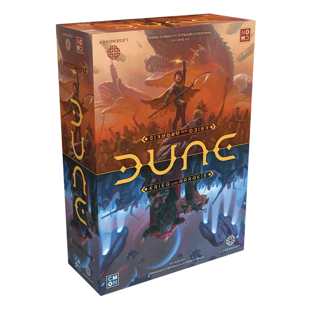 Dune-Brettspielbox mit einer Wüstenszene mit Charakteren.