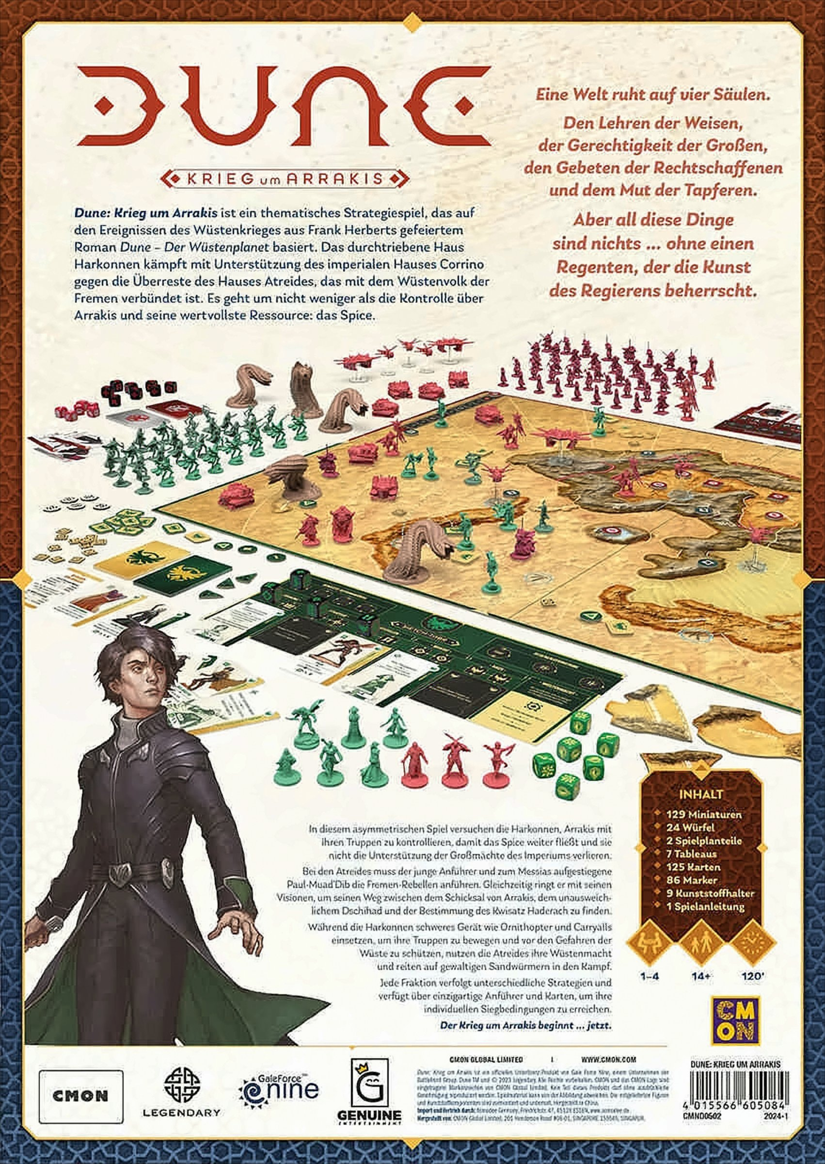 Rückseite der Brettspielbox. Zeigt Dune: Krieg um Arrakis. Text und Spielsteine sind sichtbar.