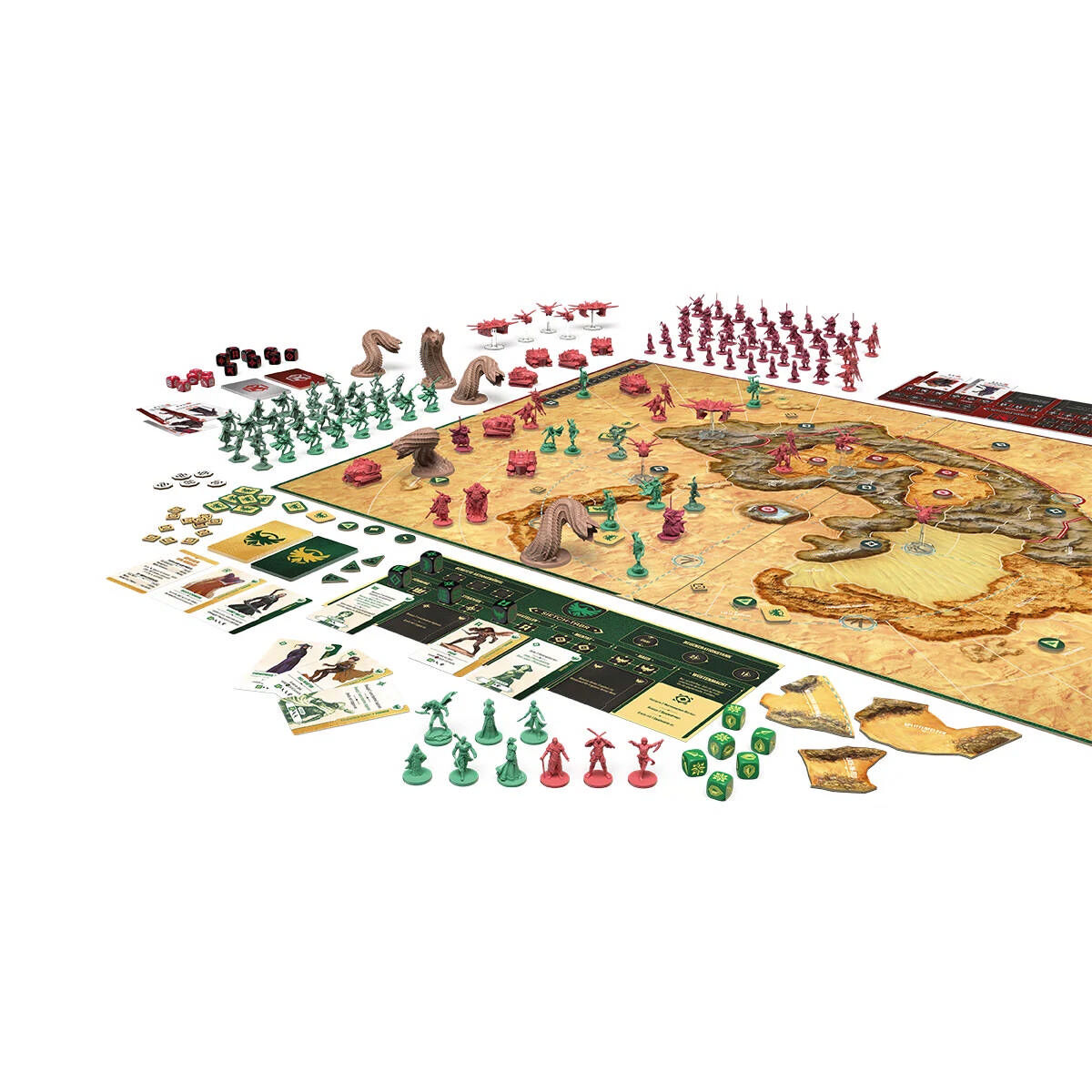 Brettspiel mit Figuren und Karten auf weißer Oberfläche. Verschiedene Farben.