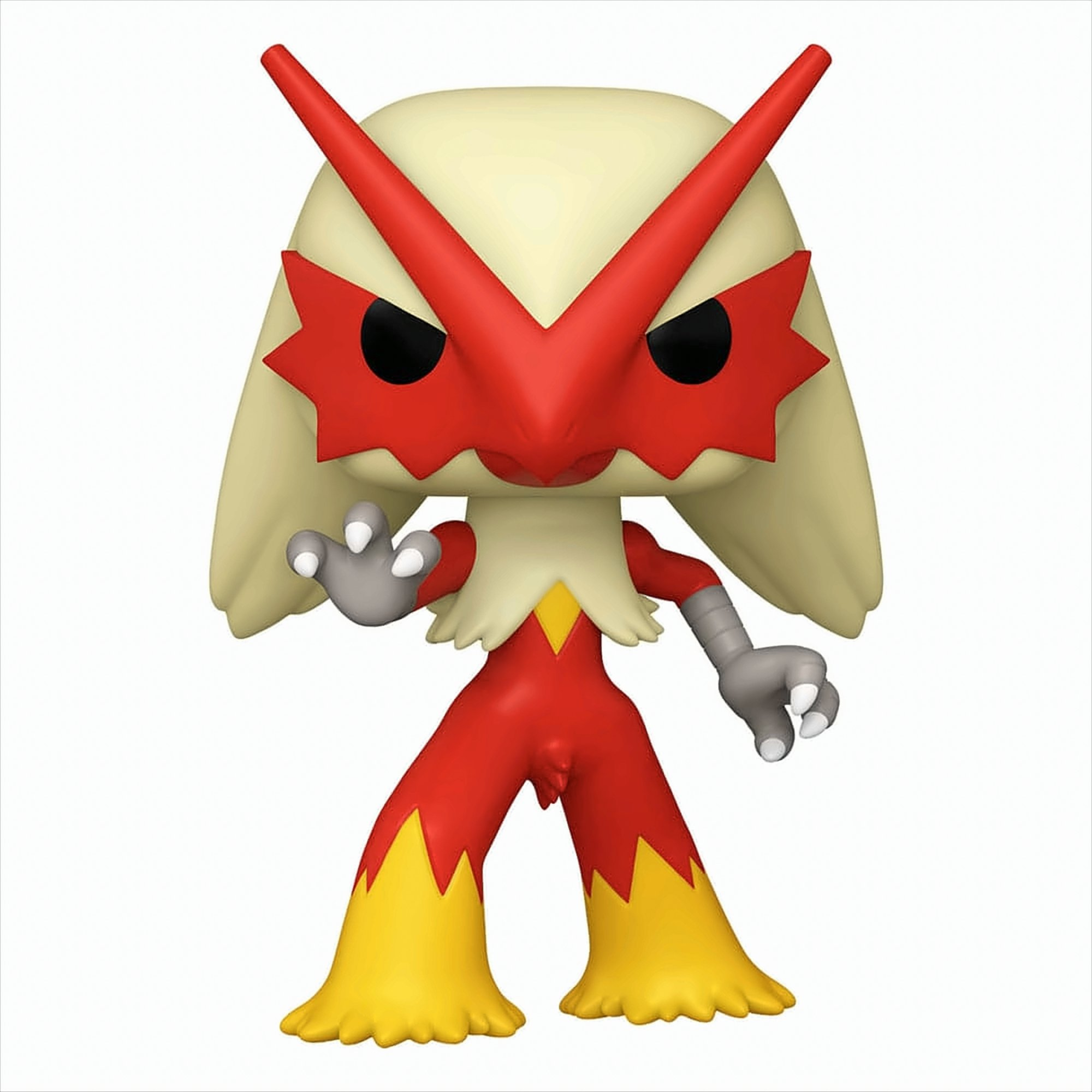 Funko Pop de Blaziken. Colores rojo, amarillo y blanco. Figura estilizada.