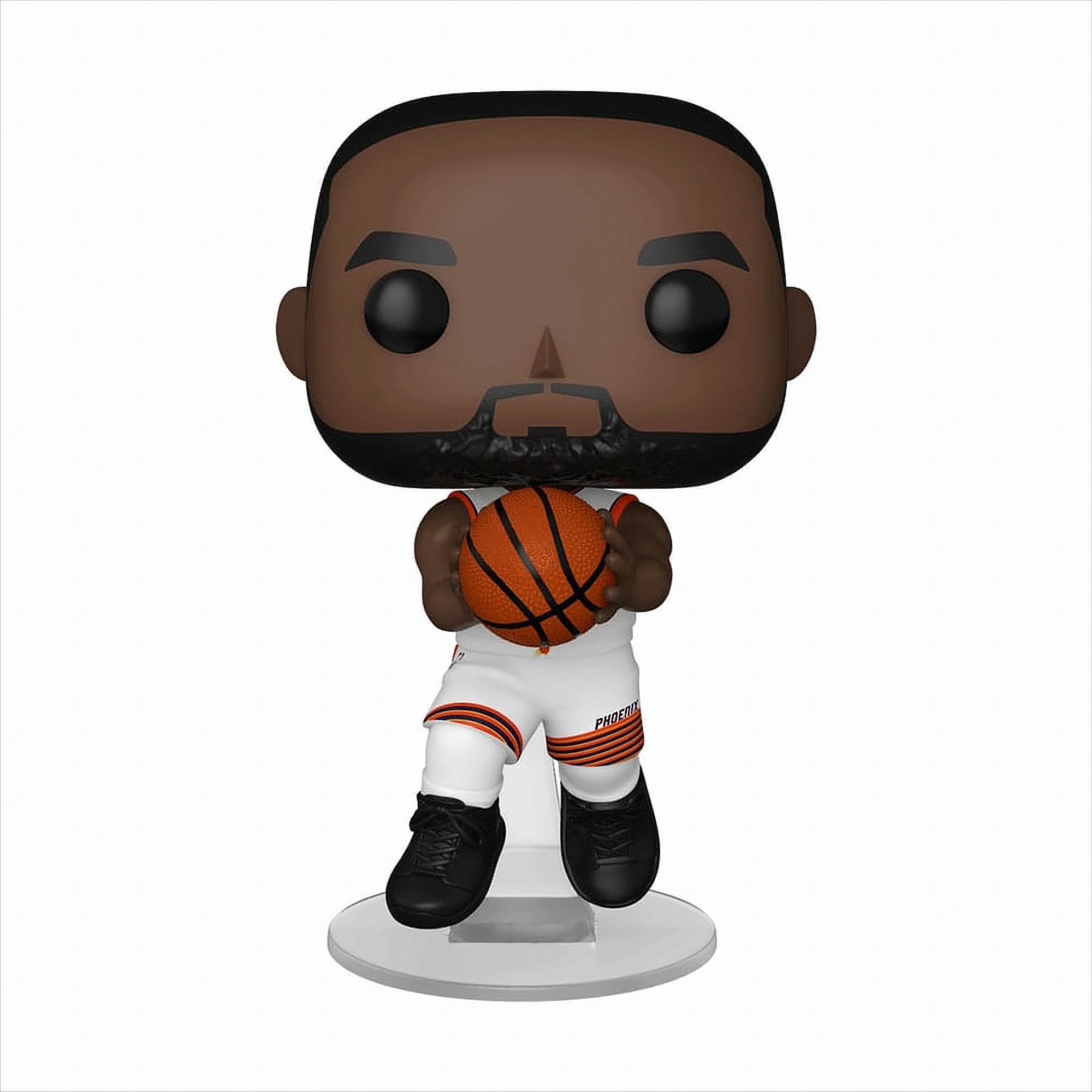 Funko Pop Figur eines Basketballspielers im Phoenix Suns-Trikot, der einen Basketball hält.