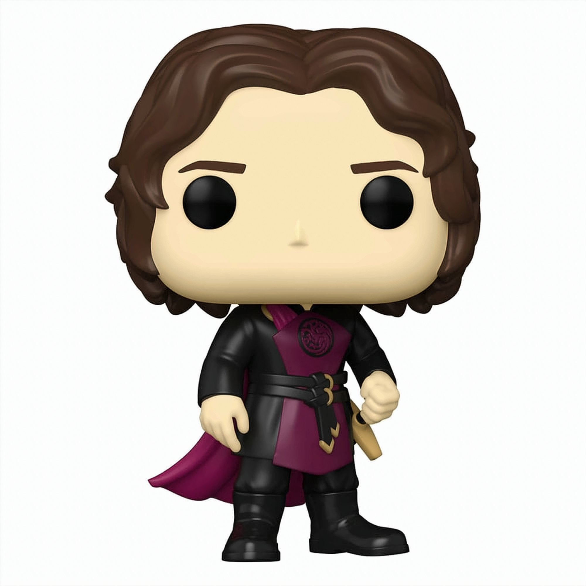 Figura Funko Pop de hombre con pelo castaño, vestimenta negra y morada. Fondo blanco.