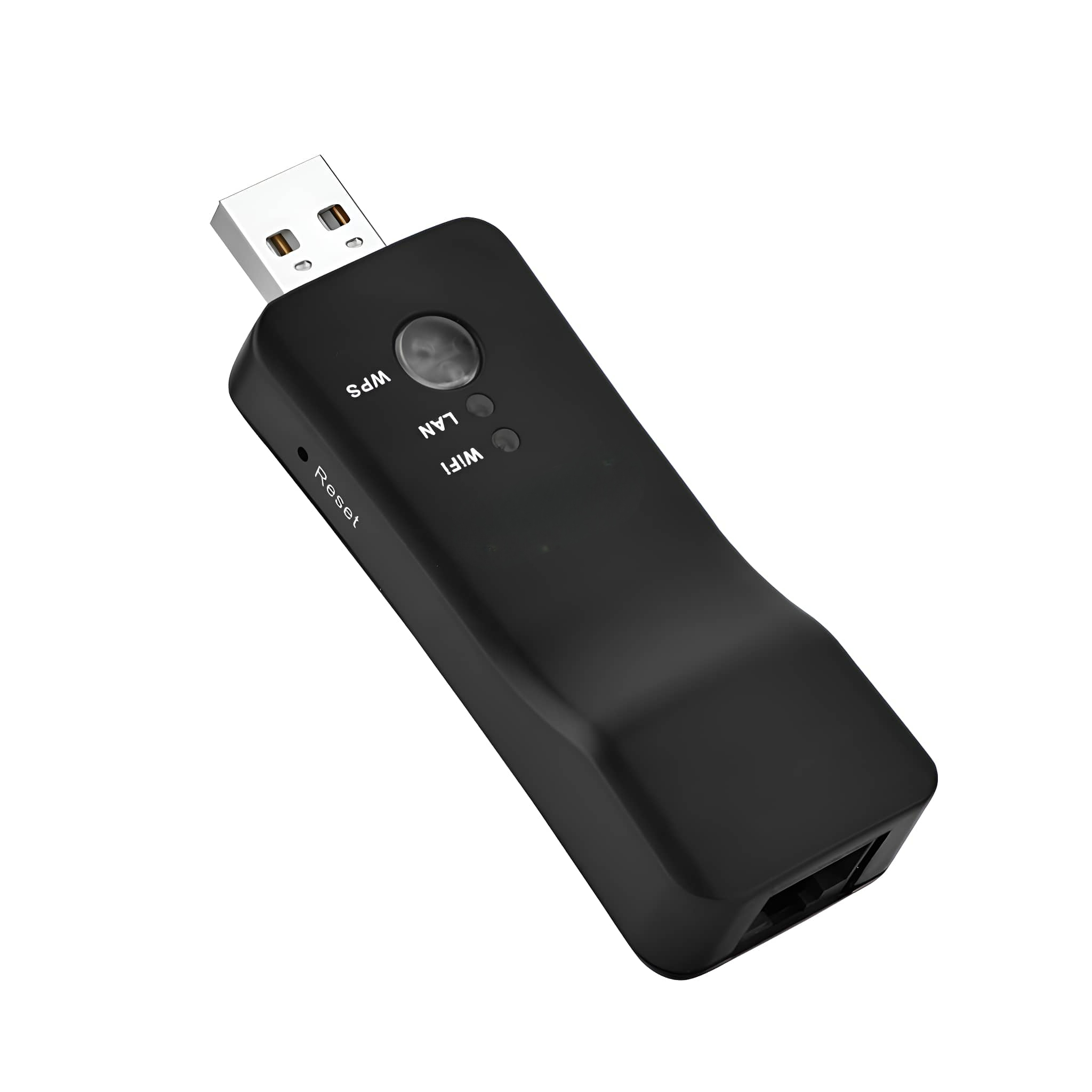 Ein schwarzer USB-WLAN-Adapter mit WPS-Taste. Der Adapter hat LAN- und WLAN-Anzeigen.