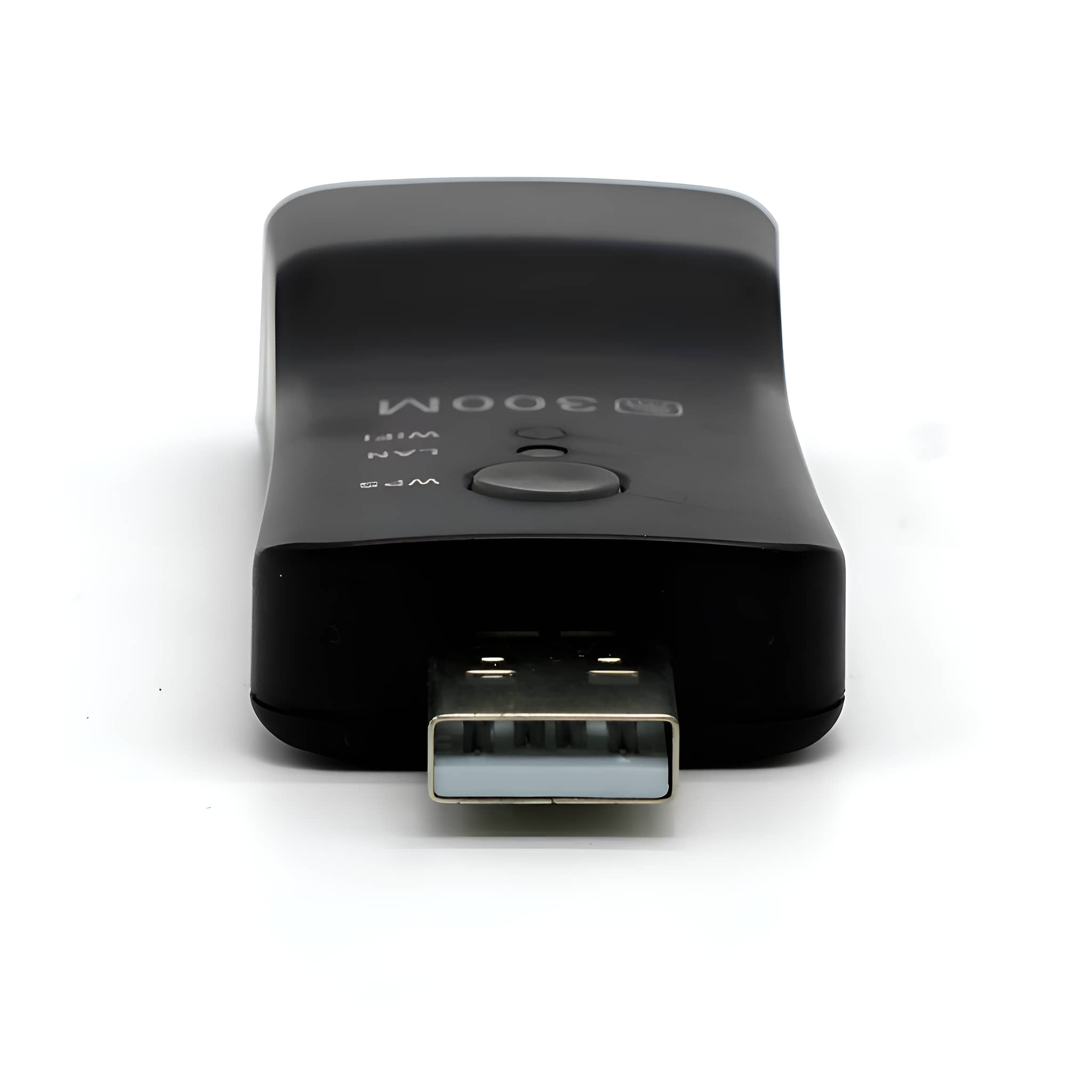 Ein schwarzer USB-WLAN-Adapter mit grauem Knopf und USB-Anschluss.