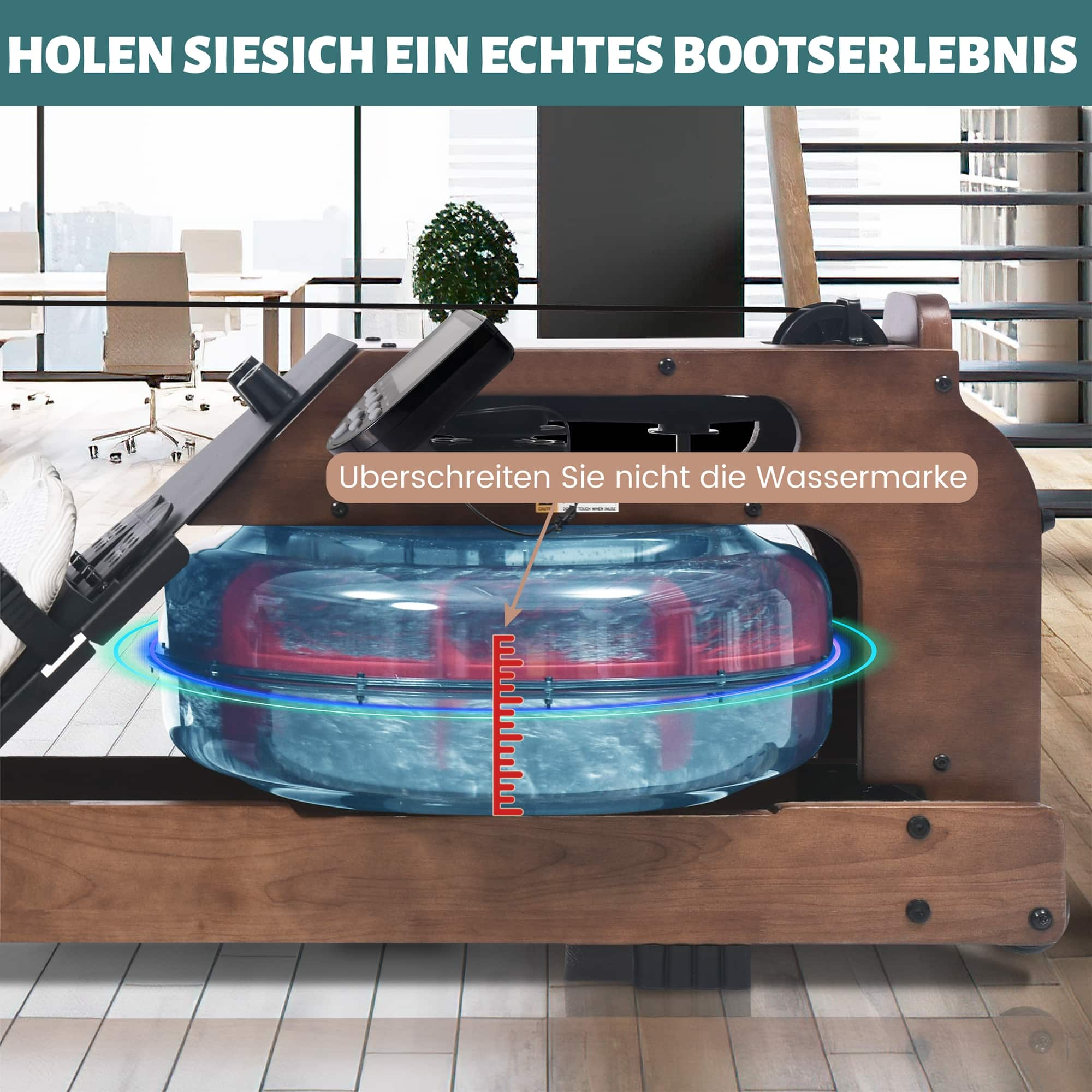 Ein Rudergerät mit Wasser im Inneren. Der Wasserstand wird an der Seite angezeigt.