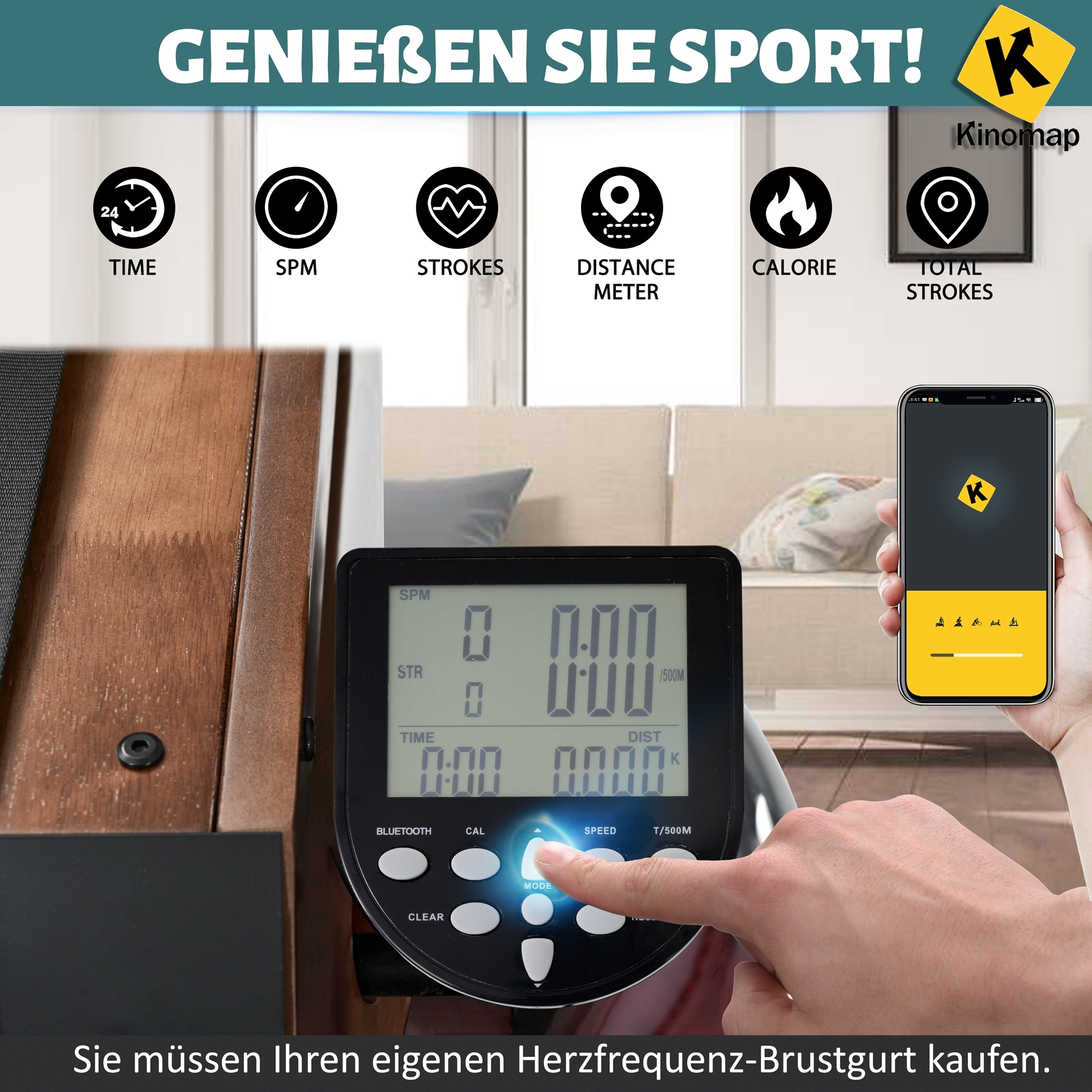 Rudergerät-Display mit Trainingsdaten. Hand passt Einstellungen an. Ein Telefon zeigt eine Fitness-App.