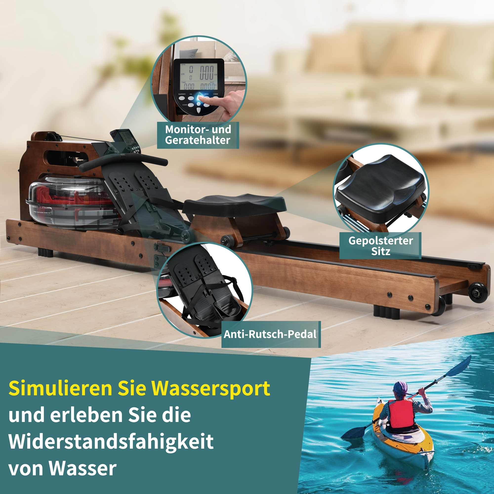 Rudergerät aus Holz mit Monitor, Sitz und Anti-Rutsch-Pedalen. Text wirbt für Wassersport-Simulation.