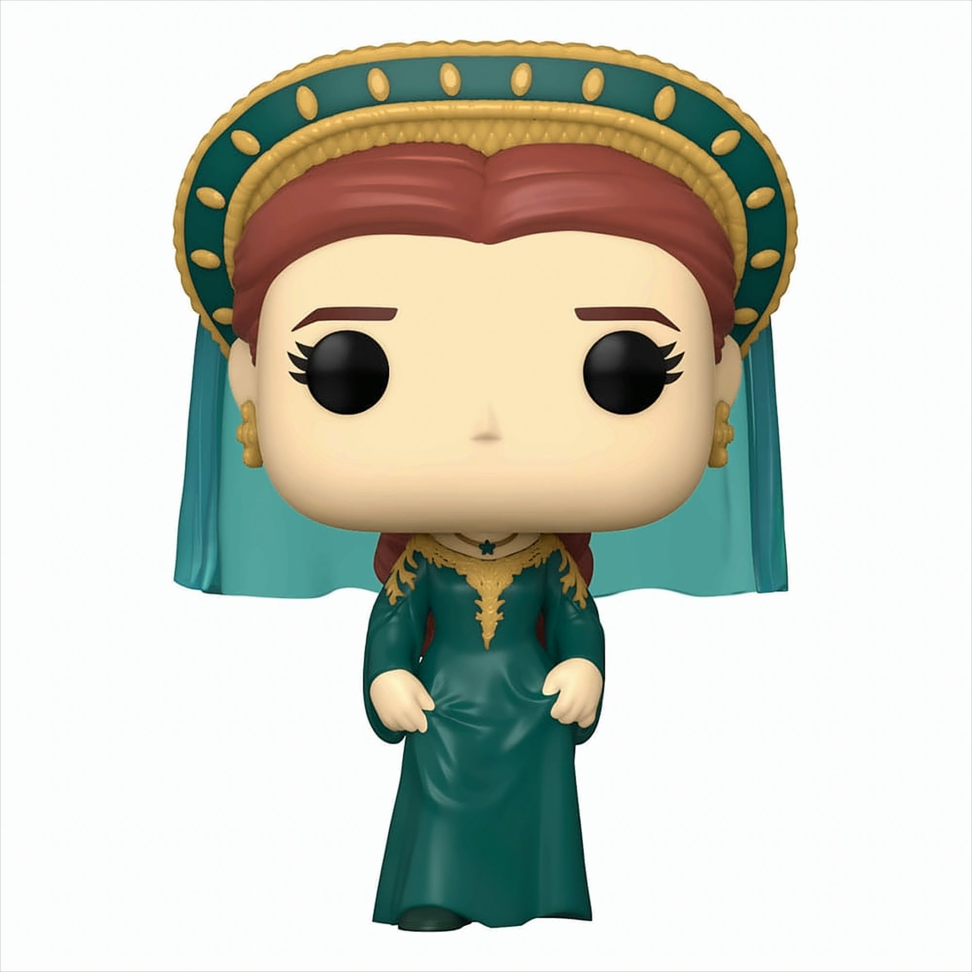 Une figurine d'une femme en robe verte et coiffe, sur fond blanc.