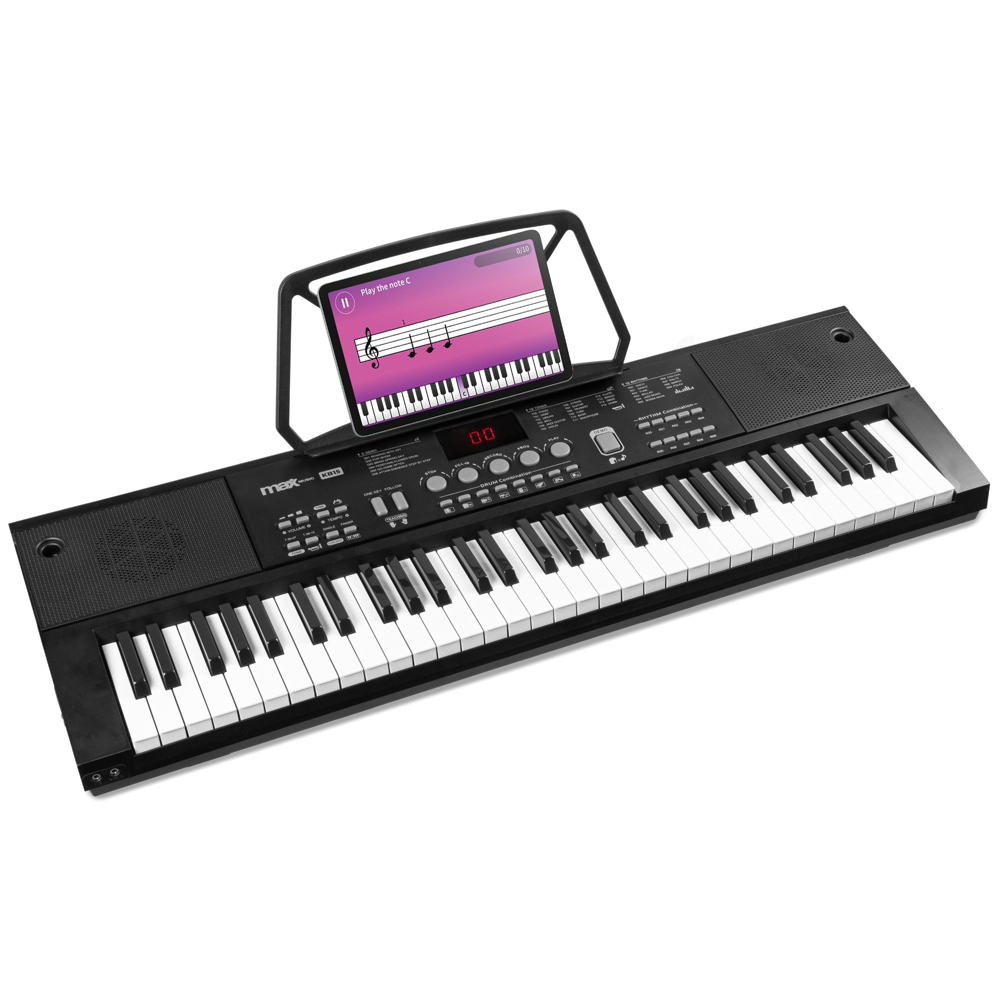 Zwart elektronisch keyboard met witte toetsen, een tablethouder met een tablet waarop bladmuziek wordt weergegeven.