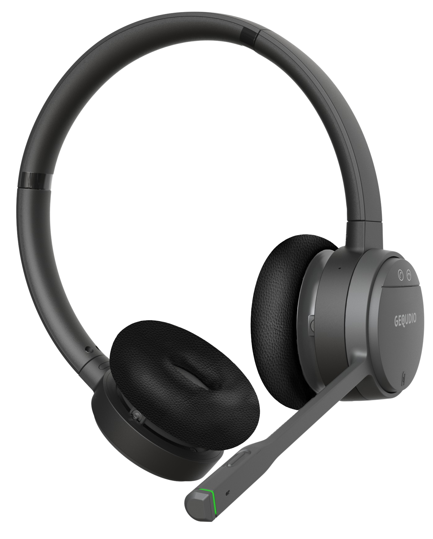 Ein schwarzes und graues Over-Ear-Headset mit flexiblem Mikrofon. Es ist leicht angewinkelt.