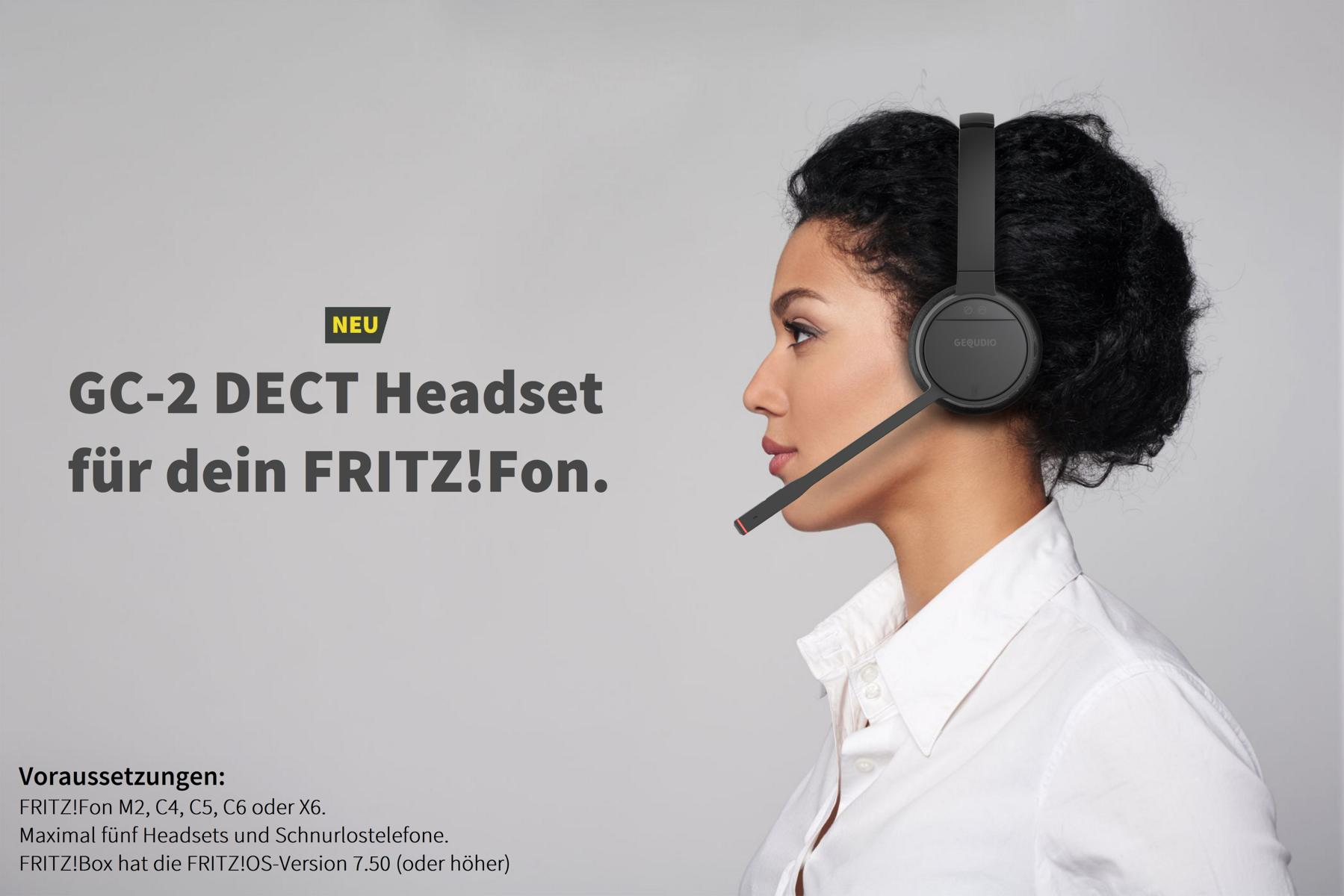 Frau mit Headset, Seitenprofil. Text sagt: GC-2 DECT Headset für Ihr FRITZ!Fon.